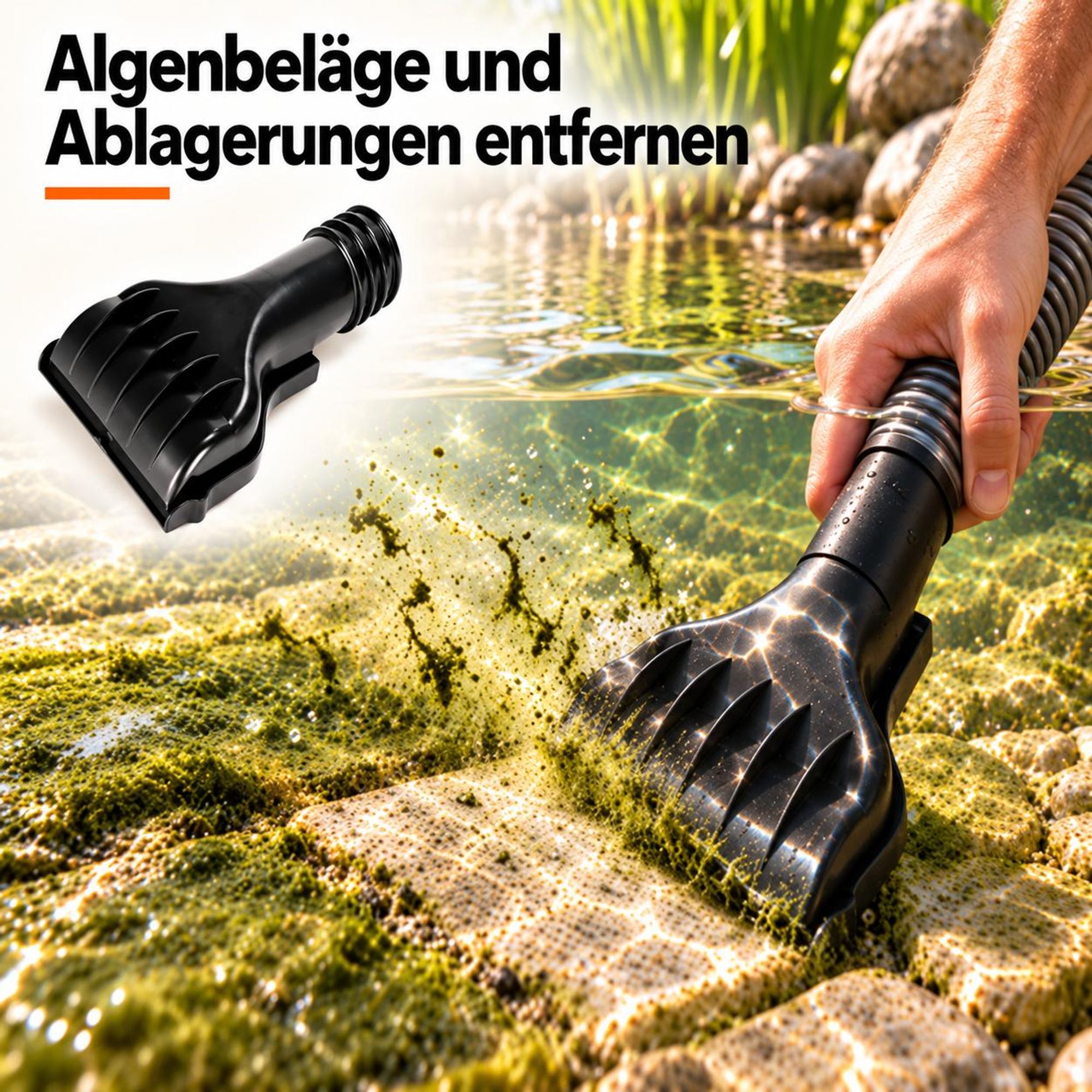Strahlemann Teichsauger mit Teichreinigungsaufsatz an algenbedeckten Steinen im Gartenteich