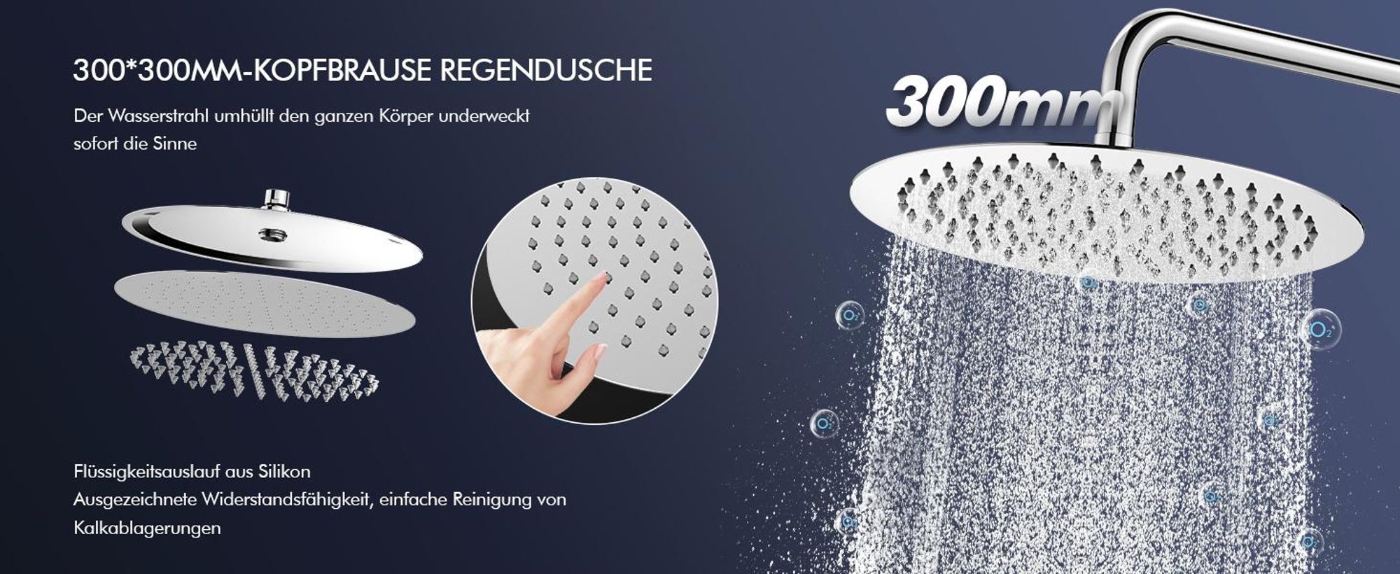 Duschsystem mit Thermostat und Glasablage, Brausegarnitur 3 Wasserausgabemodi, 12 Zoll Regendusche, Chrom
