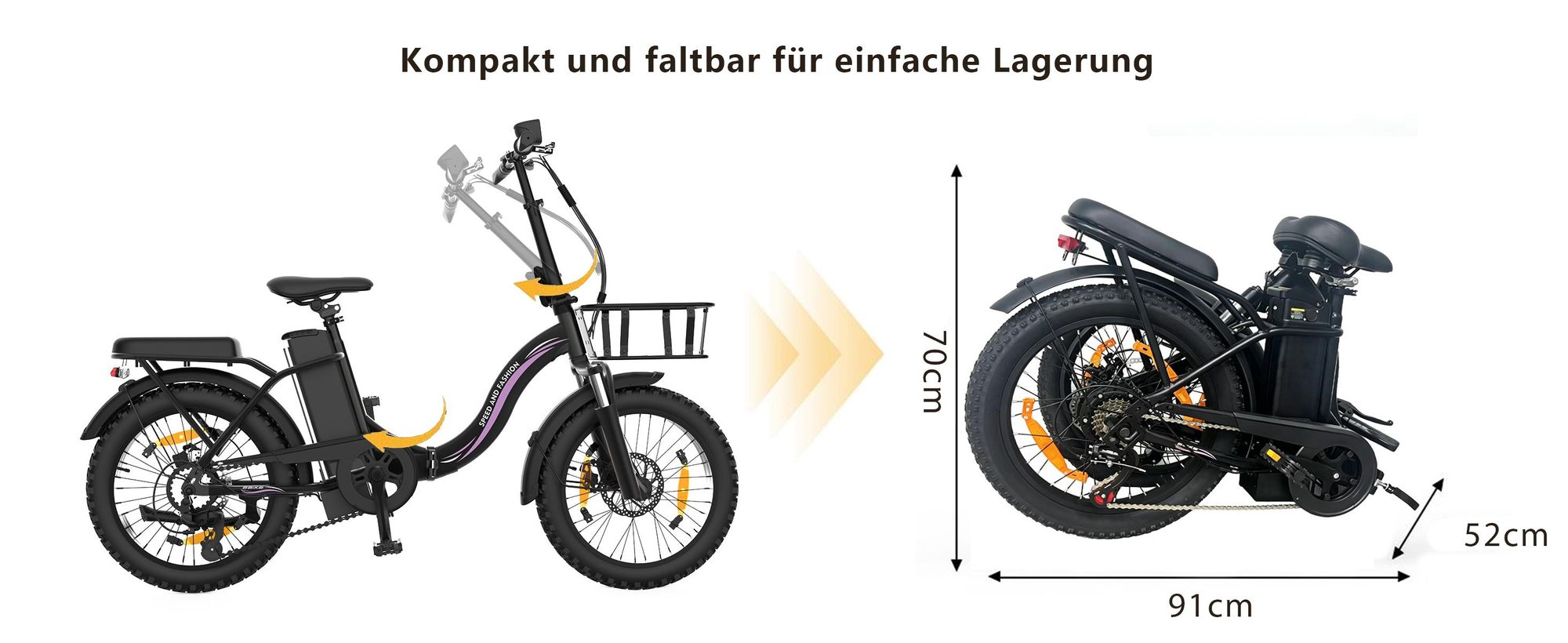 Runetic Ebike, Foldable e-bikes, 250W Motor, 36V 13Ah herausnehmbarer Akku, bis zu 100 km Reichweite, 25 km/h, 20" x 3,0" Breitreifen