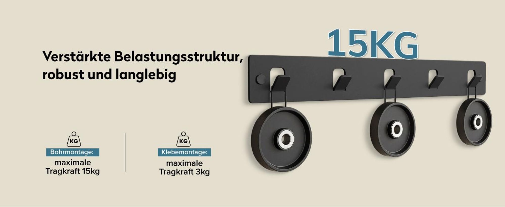 doporro Garderobenleiste mit 5 Haken, Wandgarderobe mit Garderobenhaken, Kleiderhaken Wand, selbstklebend oder zum Bohren, Schwarz, Stalo-14