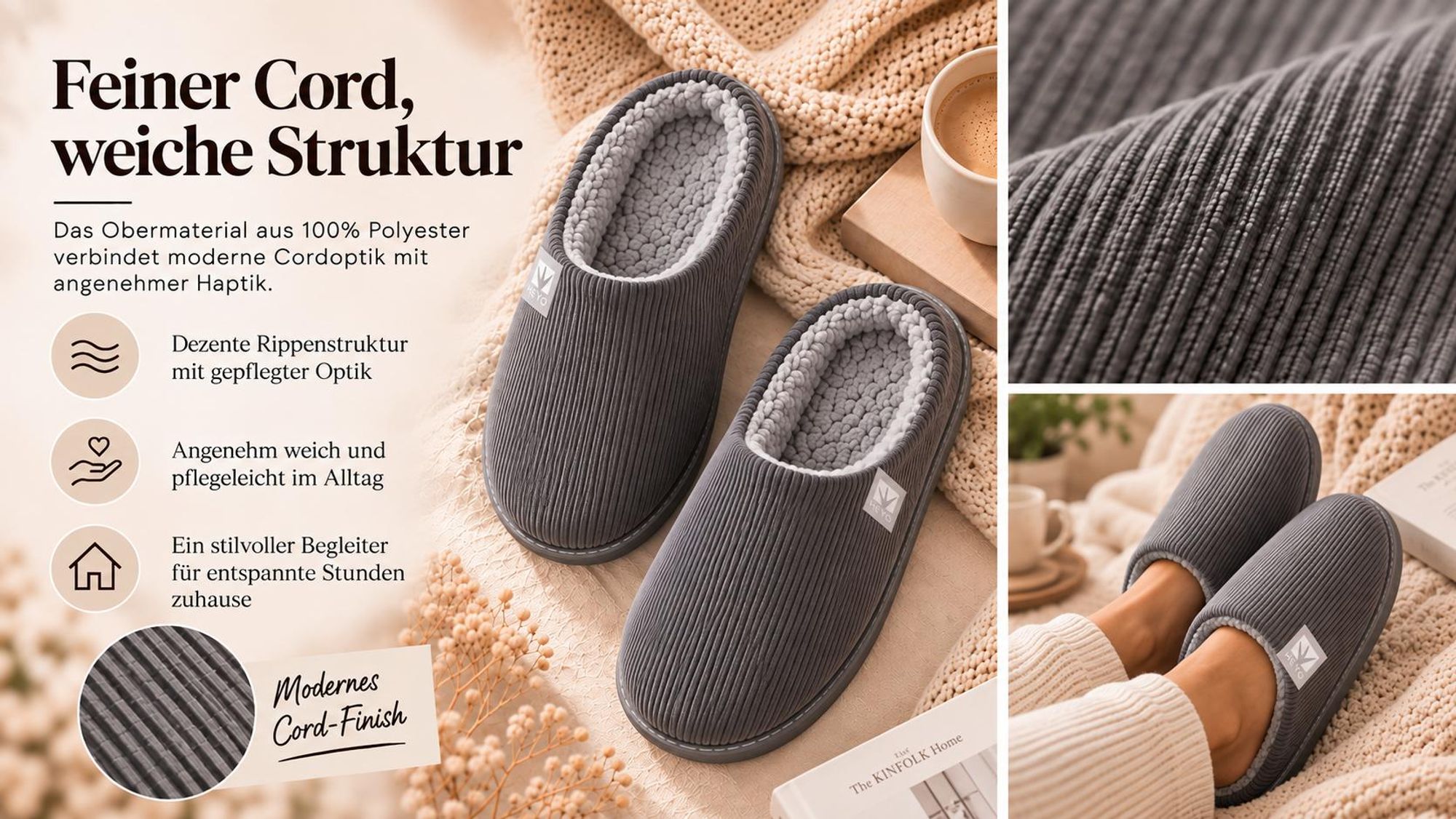 Uni Premium Cord Hausschuhe HEYO Pantoffeln Memory-Foam Teddy-Futter Slippers 40/41