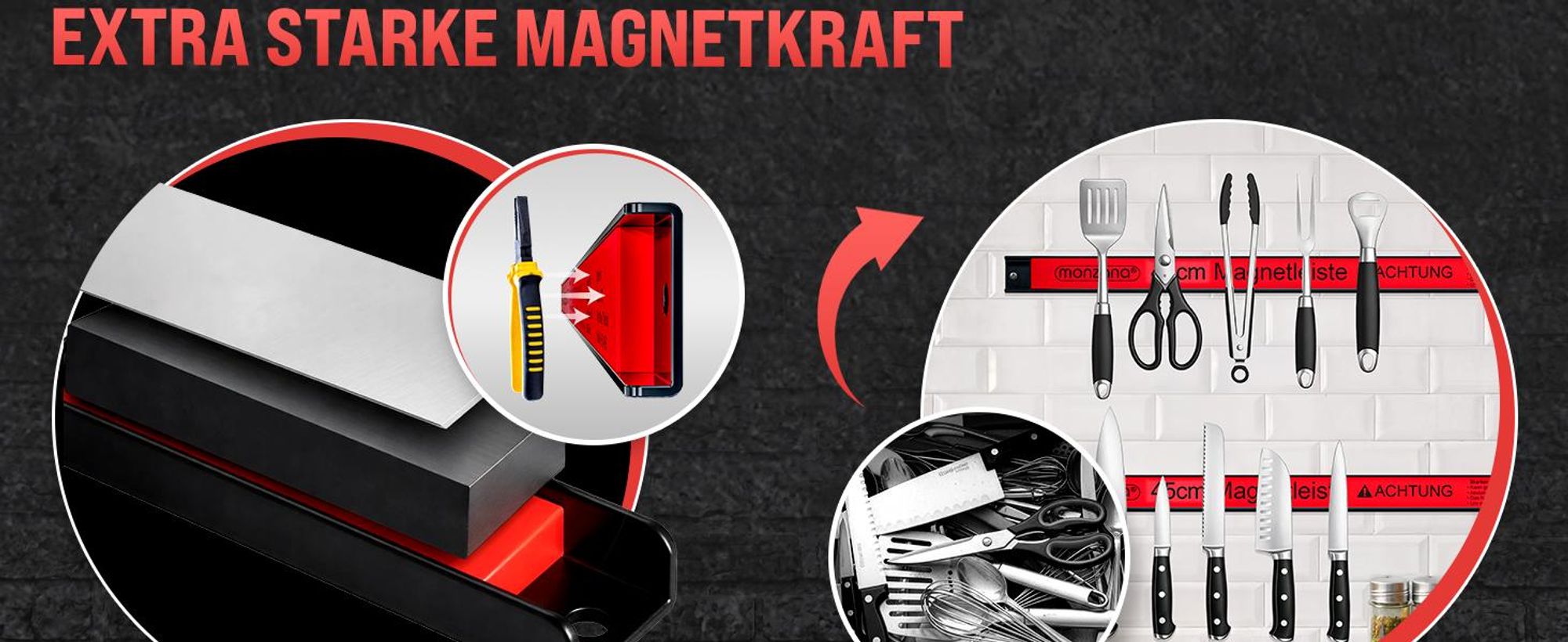 DEUBA® 3x Magnetleiste 60cm 23kg Tragkraft Magnetisch Werkzeugleiste Werkzeughalter Werkzeugwand Werkstatt Werkzeug Organizer inkl. Montagematerial