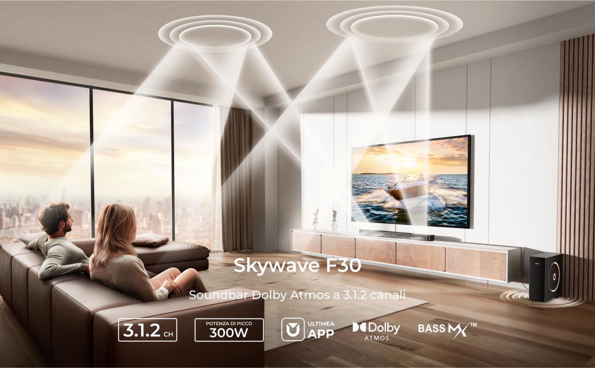 ULTIMEA Soundbar a 3.1.2 canali con Dolby Atmos, sistema surround per TV con subwoofer da 6,5 pollici, Bluetooth 5.4, HDMI eARC, 360W, Skywave F30 Boom