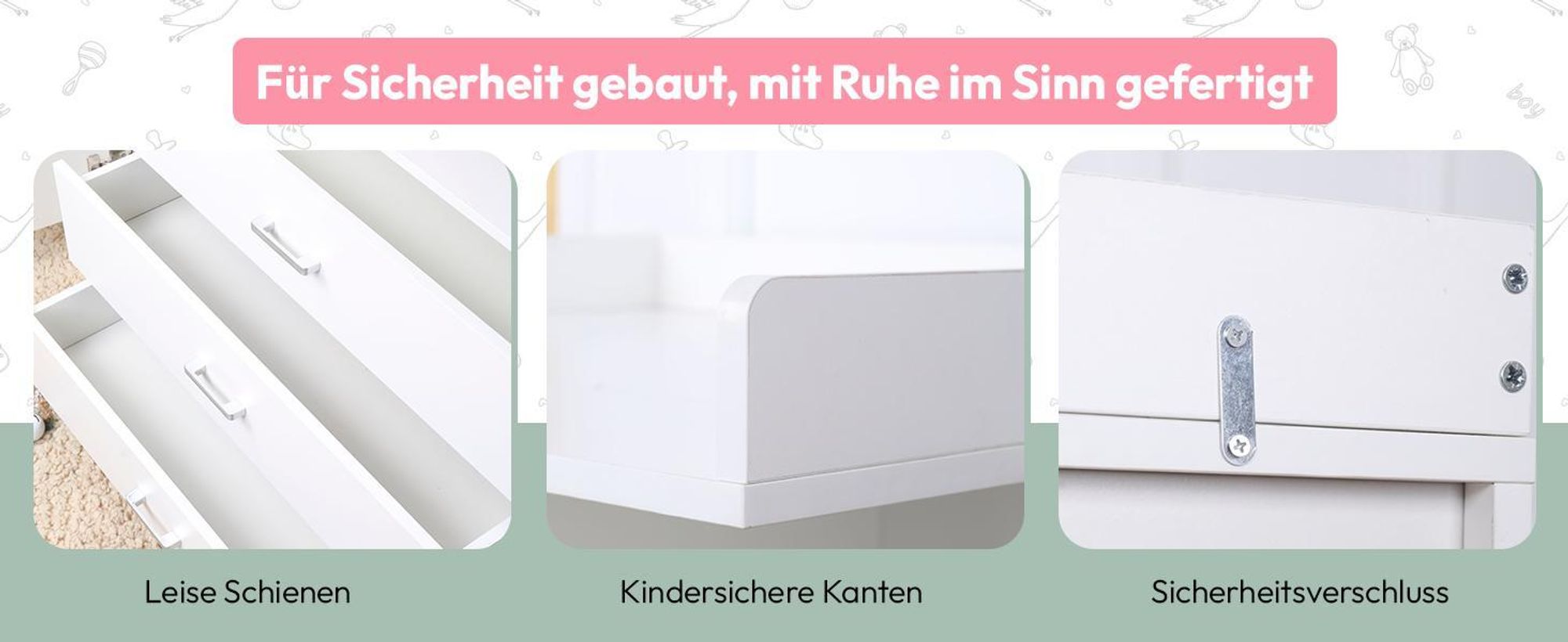 Wickelkommode Wickeltisch Baby Kommode aus Holz mit Wickelaufsatz, 3 Schubladen, 1 Tür, 100 cm Höhe in Weiß, Wickeltisch 113 x 100 cm