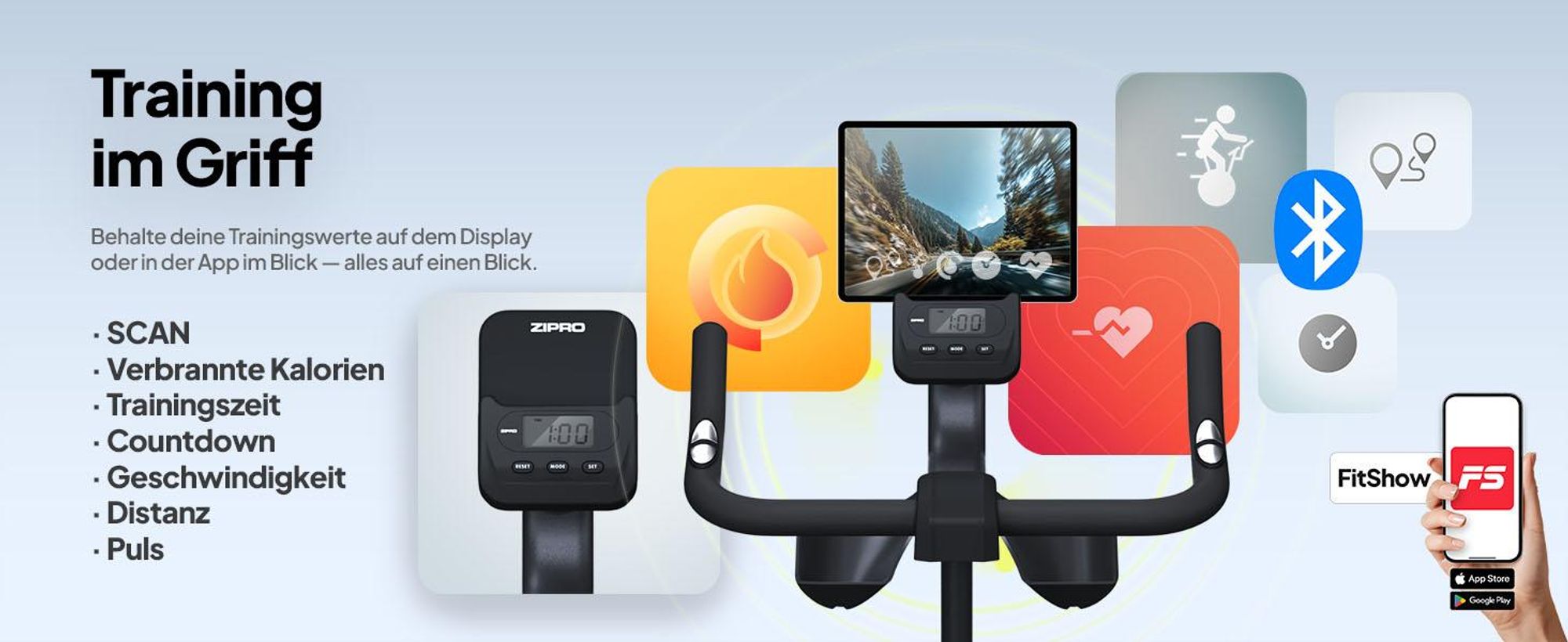 ZIPRO Heimtrainer Fahrrad Modo Bluetooth App Indoor Cycle Fitnessbike Hometrainer Bike leise Cardio Training Senioren 110 kg Trimmrad Kinomap