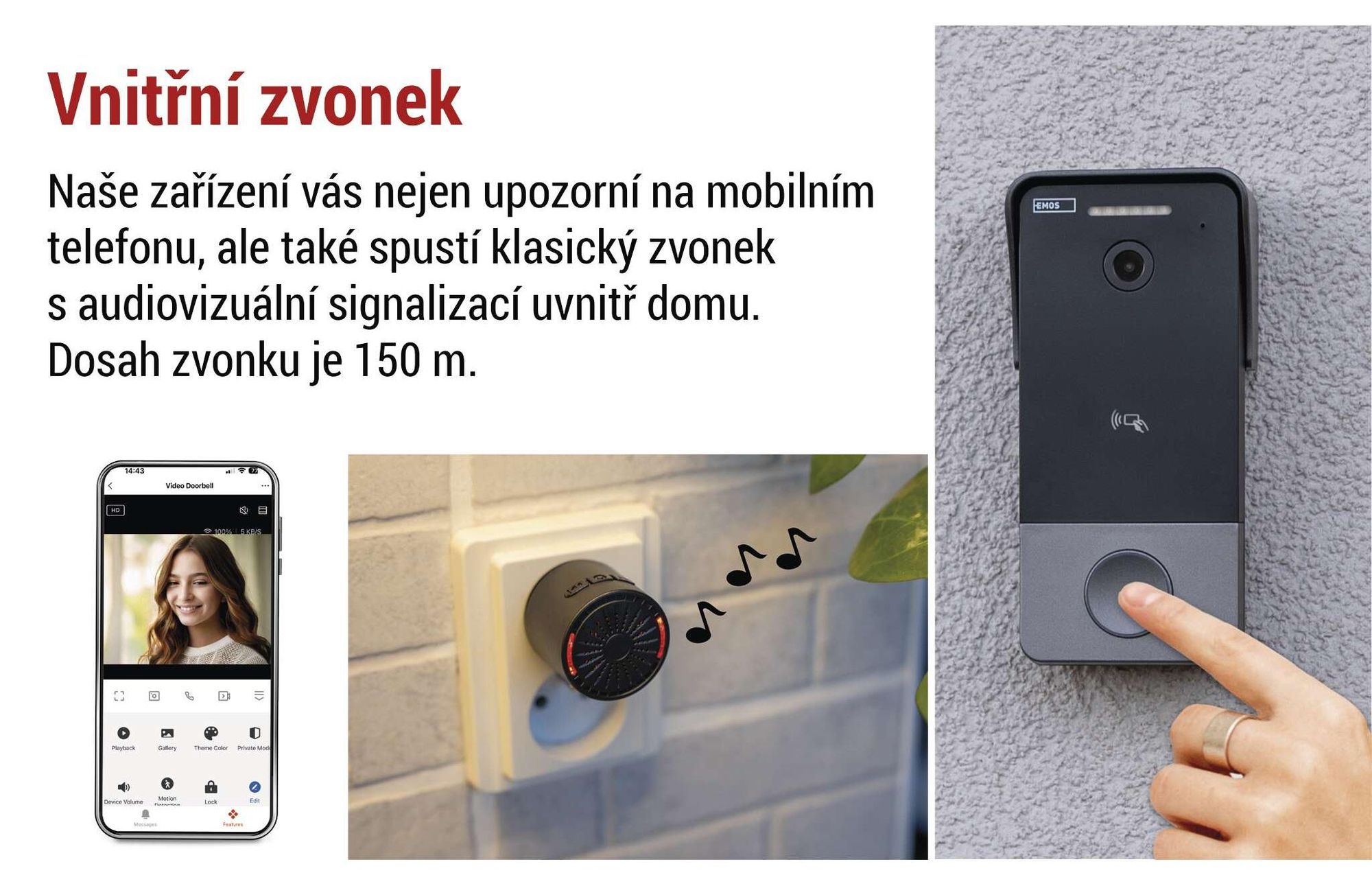 EMOS GoSmart videozvonek s aplikací, 1vodičové připojení Ethernet, vodotěsný, kamera FullHD 2Mp, včetně zvonku, napájecí jednotky, čipů RFID, H4033