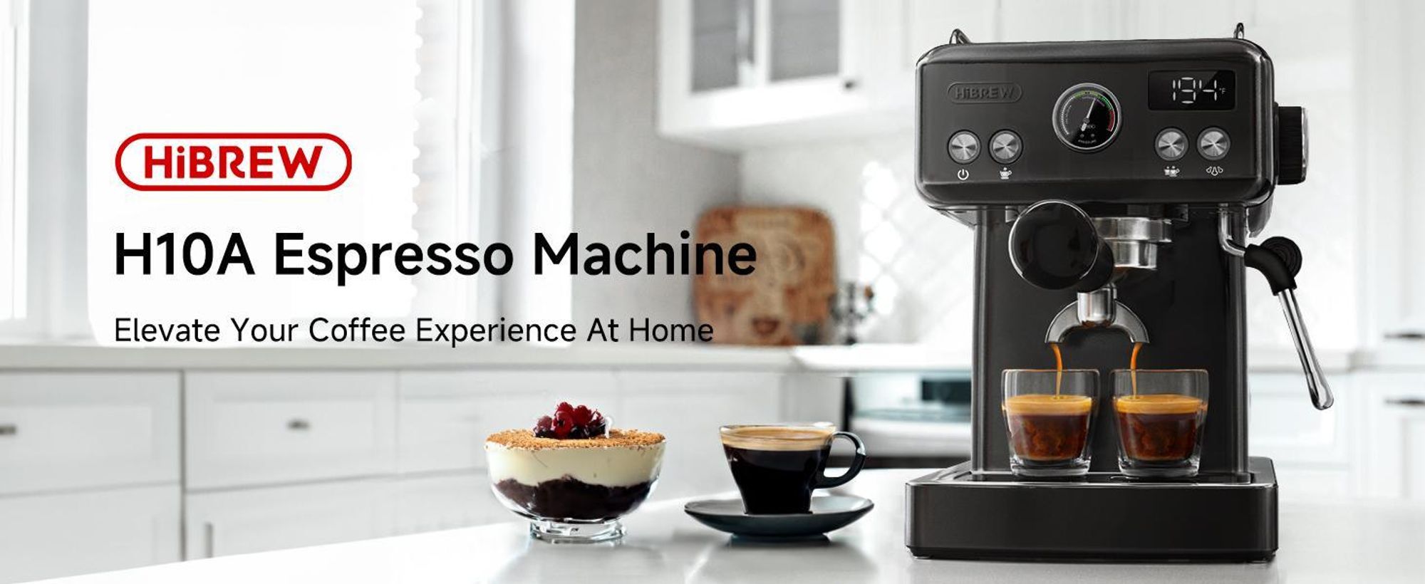 HiBREW H10A Espressomaschine halbautomatisch, 19 Bar, Edelstahl, programmierbar, 1,8L Wassertank, Milchaufschäumer, Tassenwärmer, Display, Schwarz