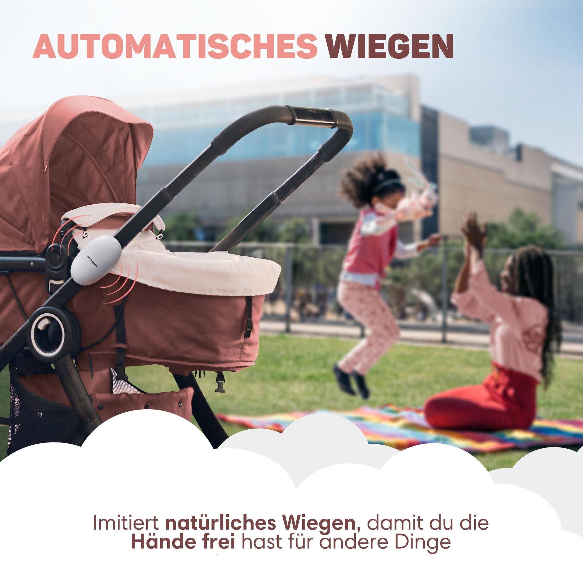 Vulpes Goods Kinderwagenschaukler, Baby-Schaukel für Kinderwagen, Einschlafhilfe für Babys, Automatisches Schaukeln, Inkl. Tragetasche, Weiß