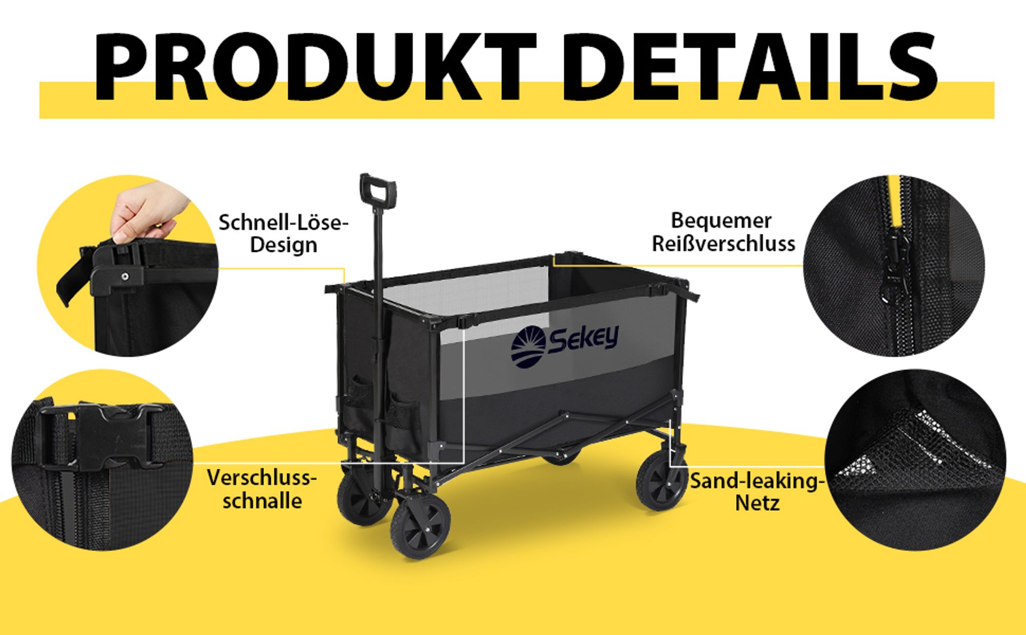 Sekey Bollerwagen Faltbar Offroad, 160L Handwagen belastbar bis 150 kg, Schwarz und Grau