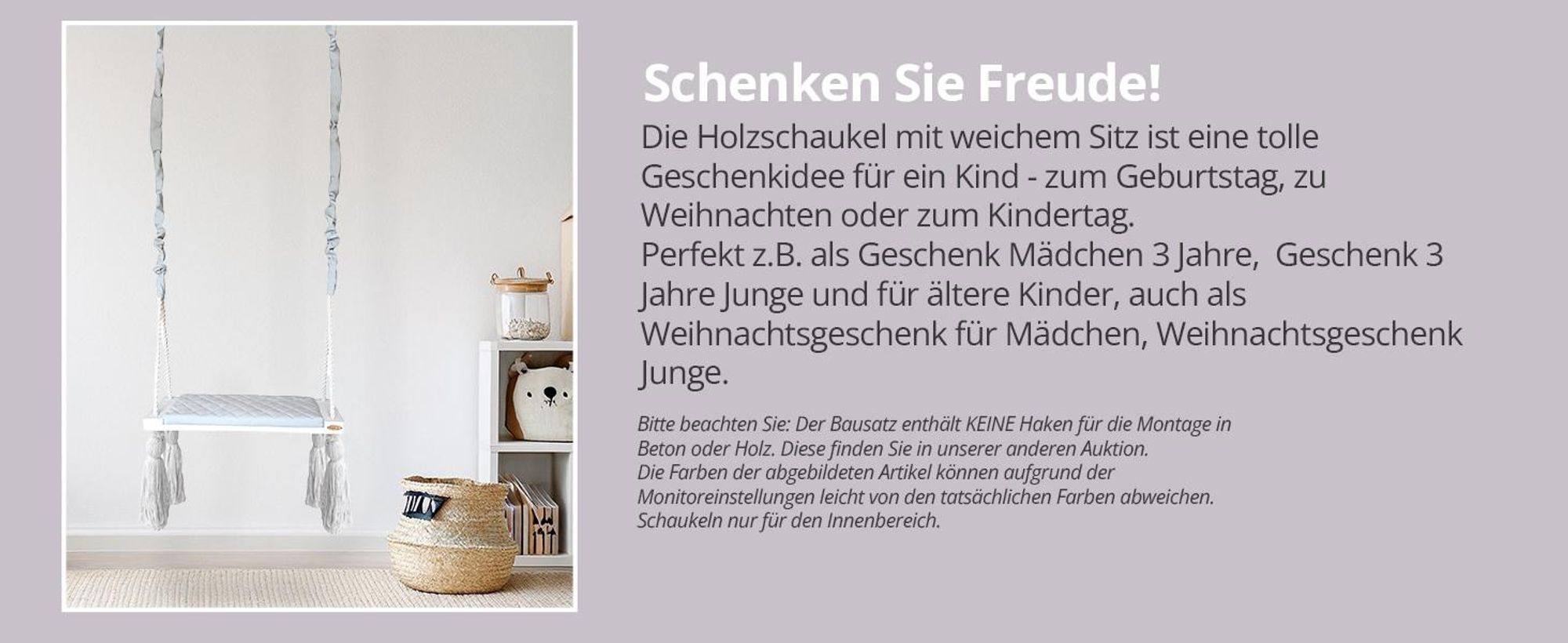 Create for you® - Kinderschaukel Indoor, Große Kinderschaukel aus Holz, Rosa