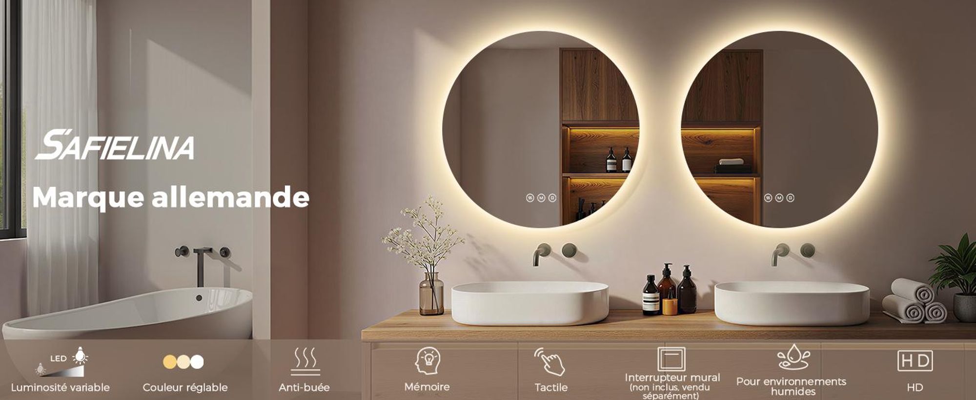 S'AFIELINA Miroir Salle de Bain LED Rond 50 cm, Rétroéclairé, Antibuée, Tactile, Intensité Réglable, 3 Couleurs, Mémoire