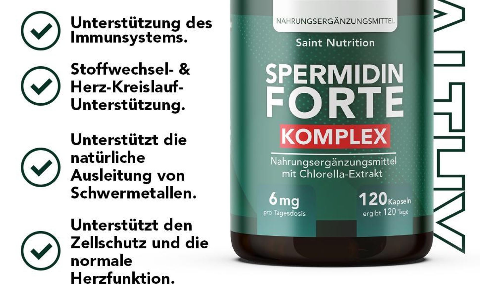 Saint Nutrition® Spermidin Kapseln | Hochdosiert mit 6mg Spermidin pro Kapsel – Zellschutz – Vitalität, Energie und Wohlbefinden -  vegan