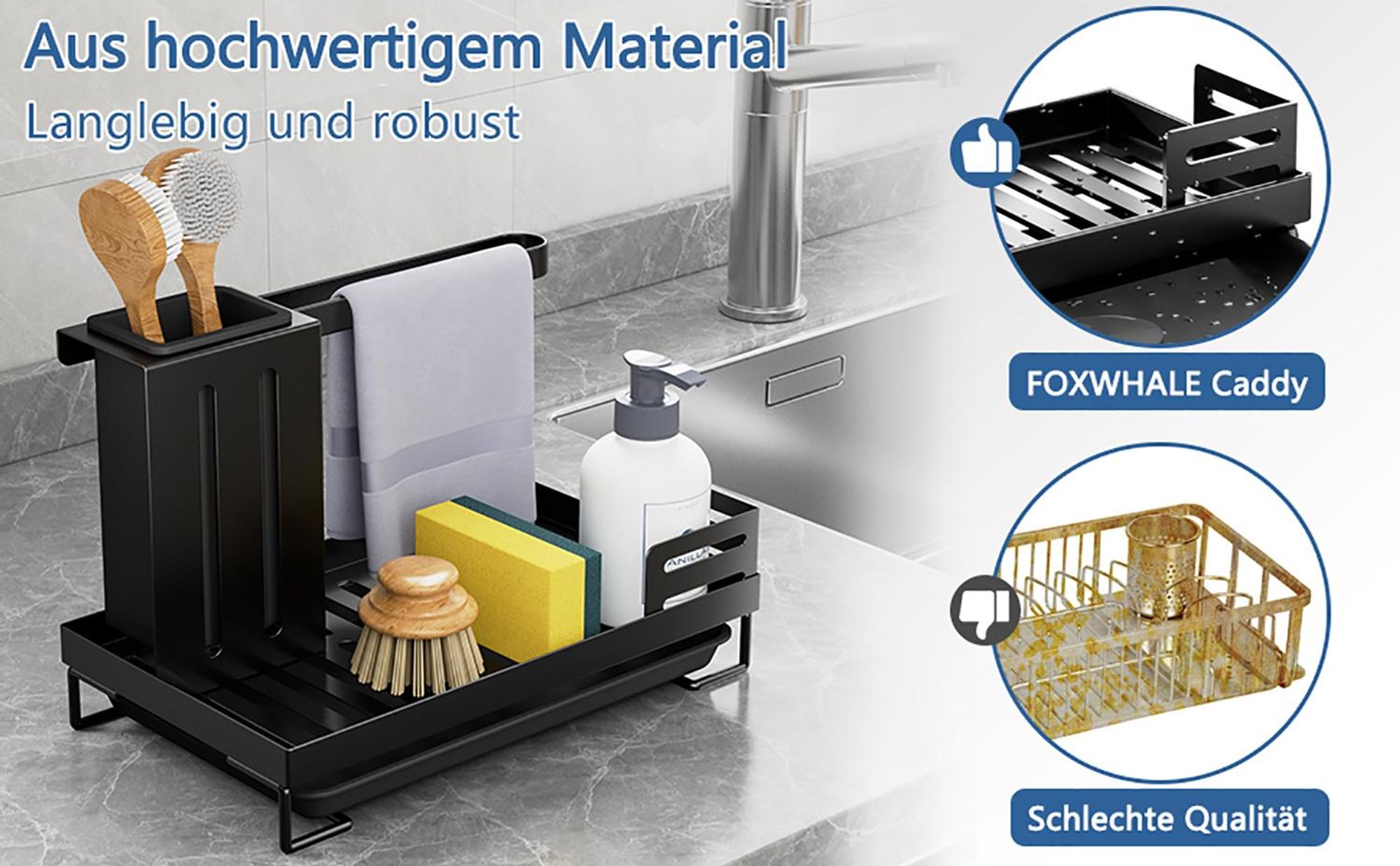 Spülbecken Organizer mit Abflusspfanne, Utensilien Korb für Küche & Badezimmer, Waschbecken Organizer Schwammablage Küchen Küche Spüle Organizer