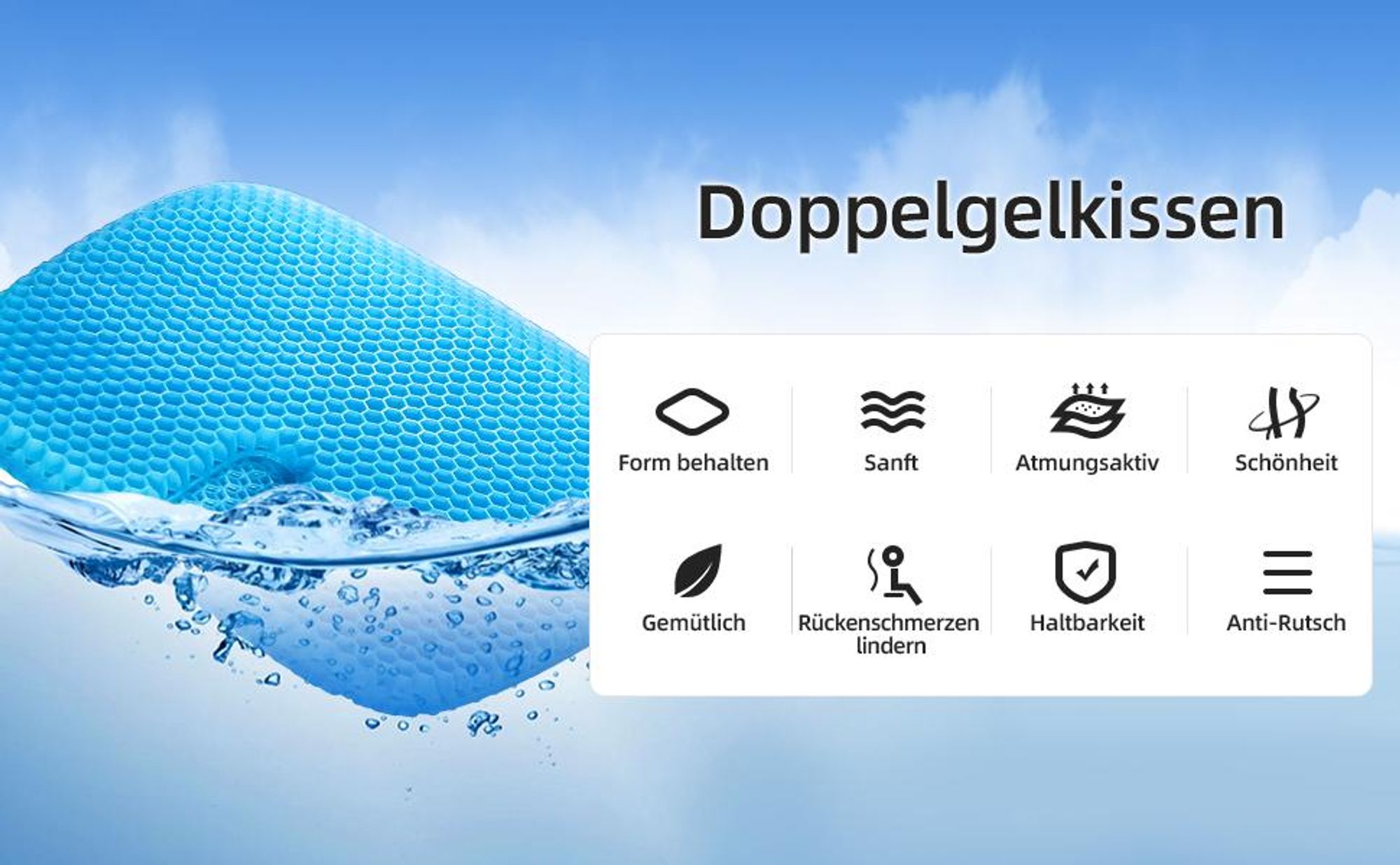 Gel Sitzkissen, Gelkissen, Orthopädisches Sitzkissen, Memory Foam Sitzkissen, Ergonomisches Sitzkissen, Linderung von Rücken- und Hüftschmerzen