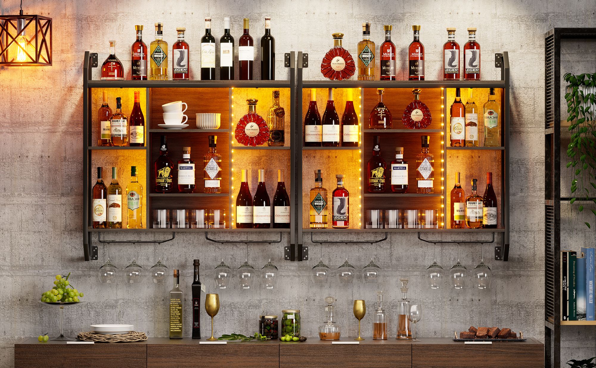 Weinregal Schwebende Wandregal Mit LED-Licht, mit Glasregal, Verstellbares Regal, 90*90cm Wandmontage Flaschenhalter für Bars, Weinkeller, Küche