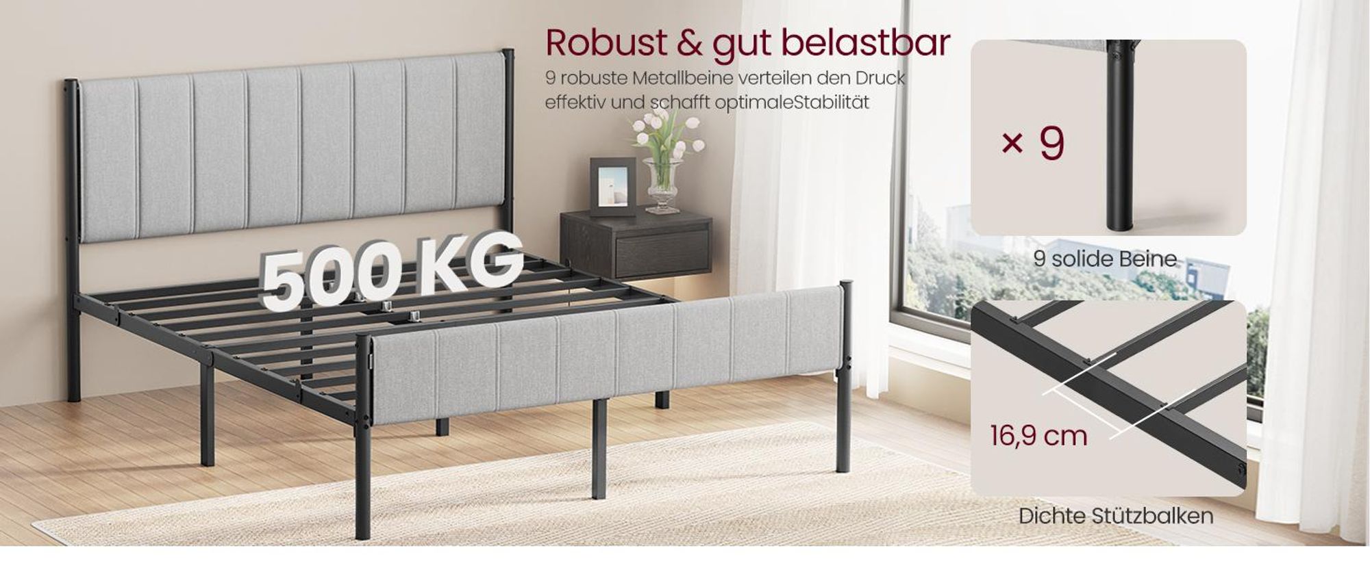 VASAGLE Doppelbettgestell, 160 x 200 cm, Bettgestell, mit gepolstertem Kopfteil, Bettrahmen, Stahl, trägt bis zu 500 kg, einfache Montage