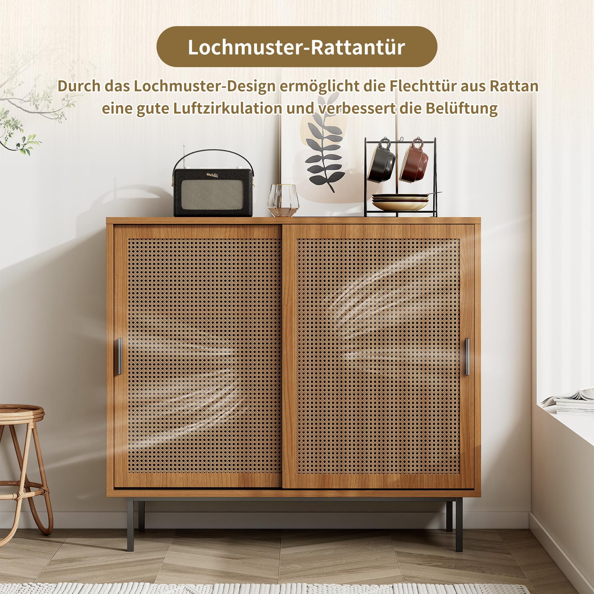 MERAX Kommode Aufbewahrungsschrank mit verstellbaren Einlegeböden mit Schiebetüren Rattangeflecht,Sideboard mit 6 Fächer