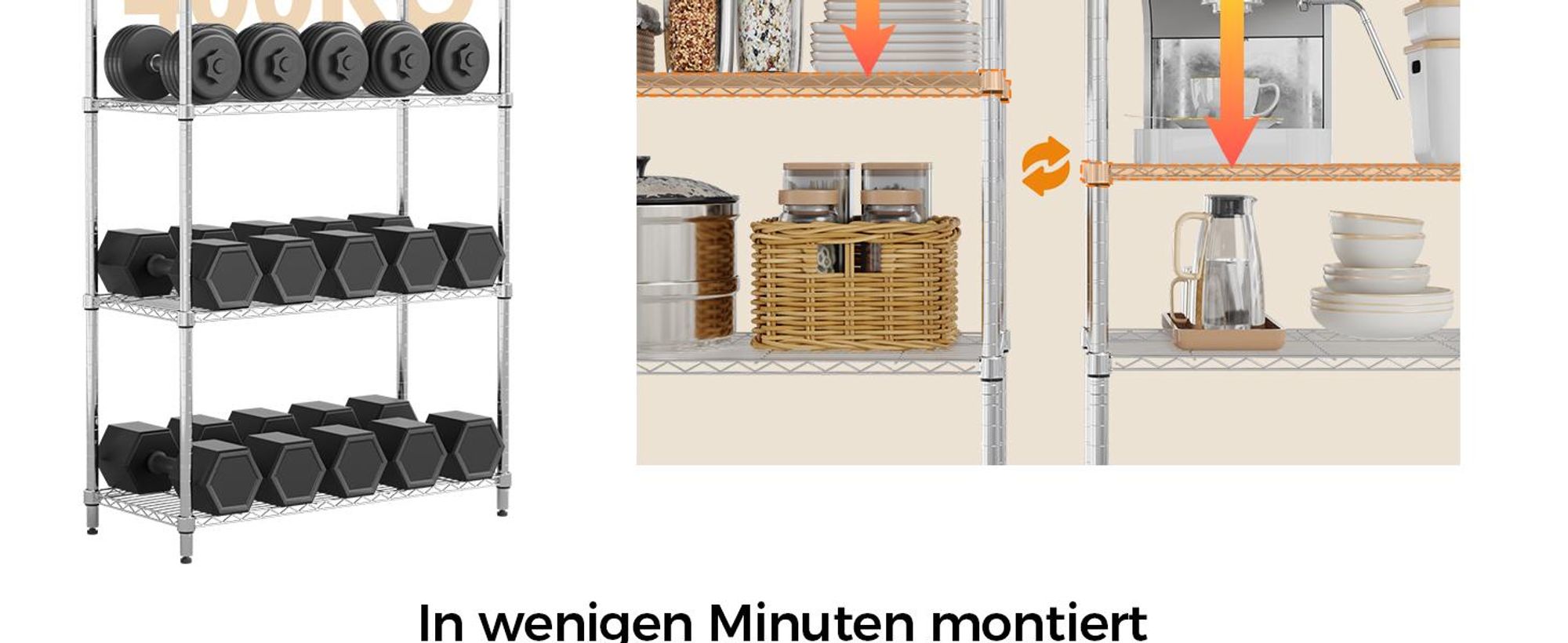 Mondeer Regal Aufbewahrungsregal 5-Stufiges Küchenregal, mit 8-Haken und 4-Rädern, PP-Trennwand