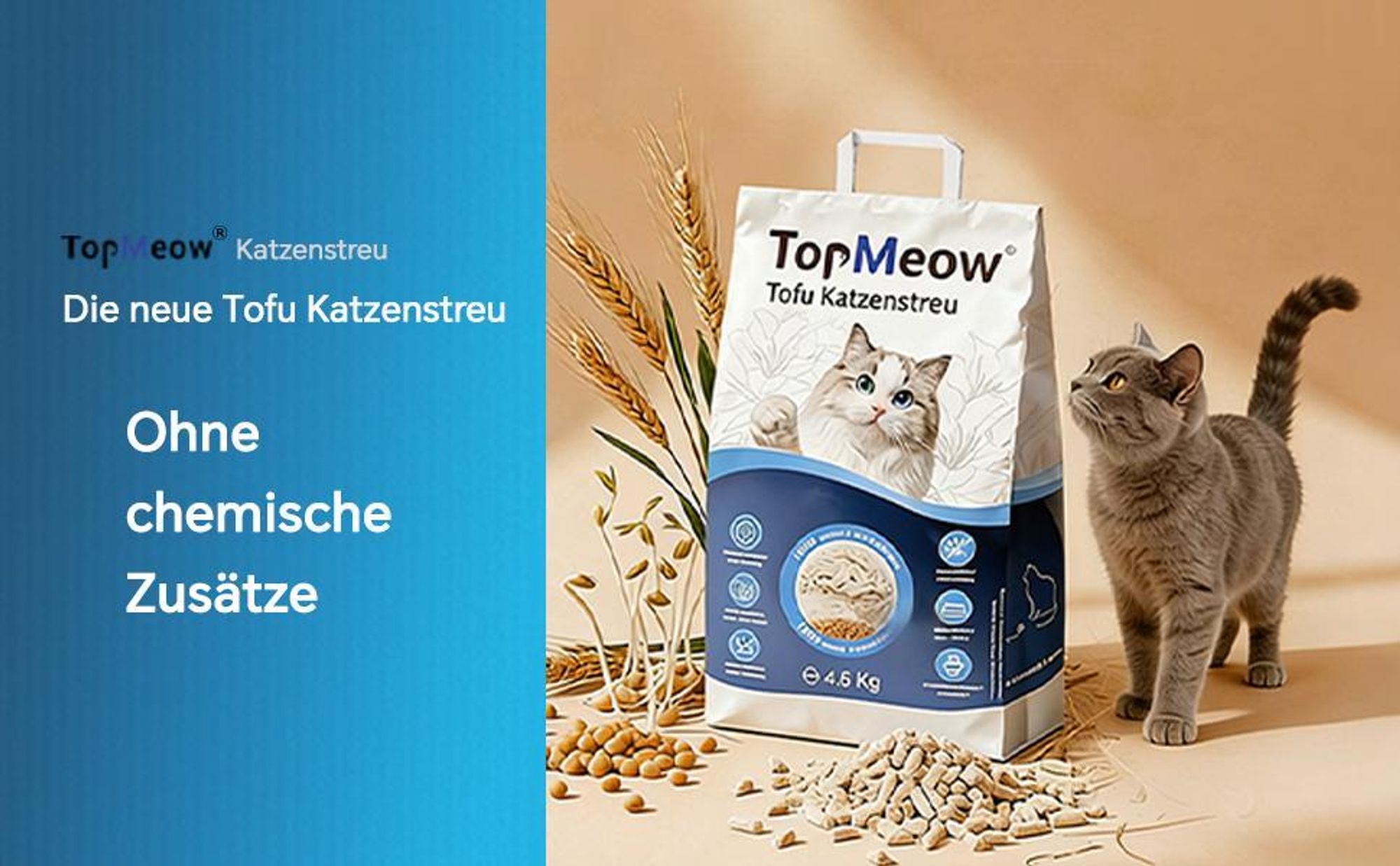 TopMeow Tofu Katzenstreu 18,4 kg, 100% pflanzlich, 3-Sekunden Schnellklumpen, staubarm & starke Geruchsbindung, Hohe Saugfähigkeit Klumpstreu