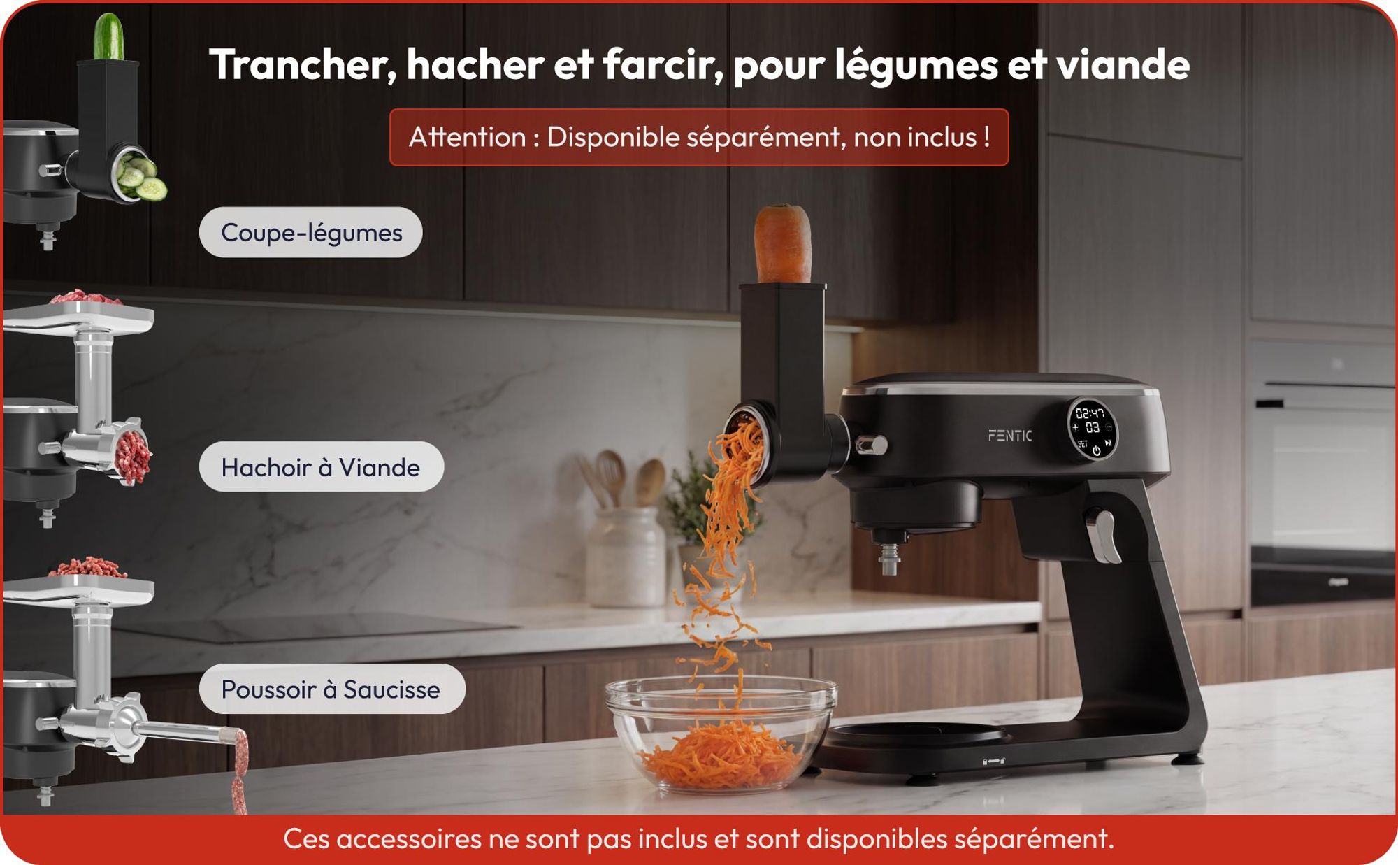 Fentic Robot pâtissier 1800W, Bol inox 7L, Pétrin pour pâte à pain & à pizza, Mouvement planétaire, 10 vitesses minuteur & pare-éclaboussures