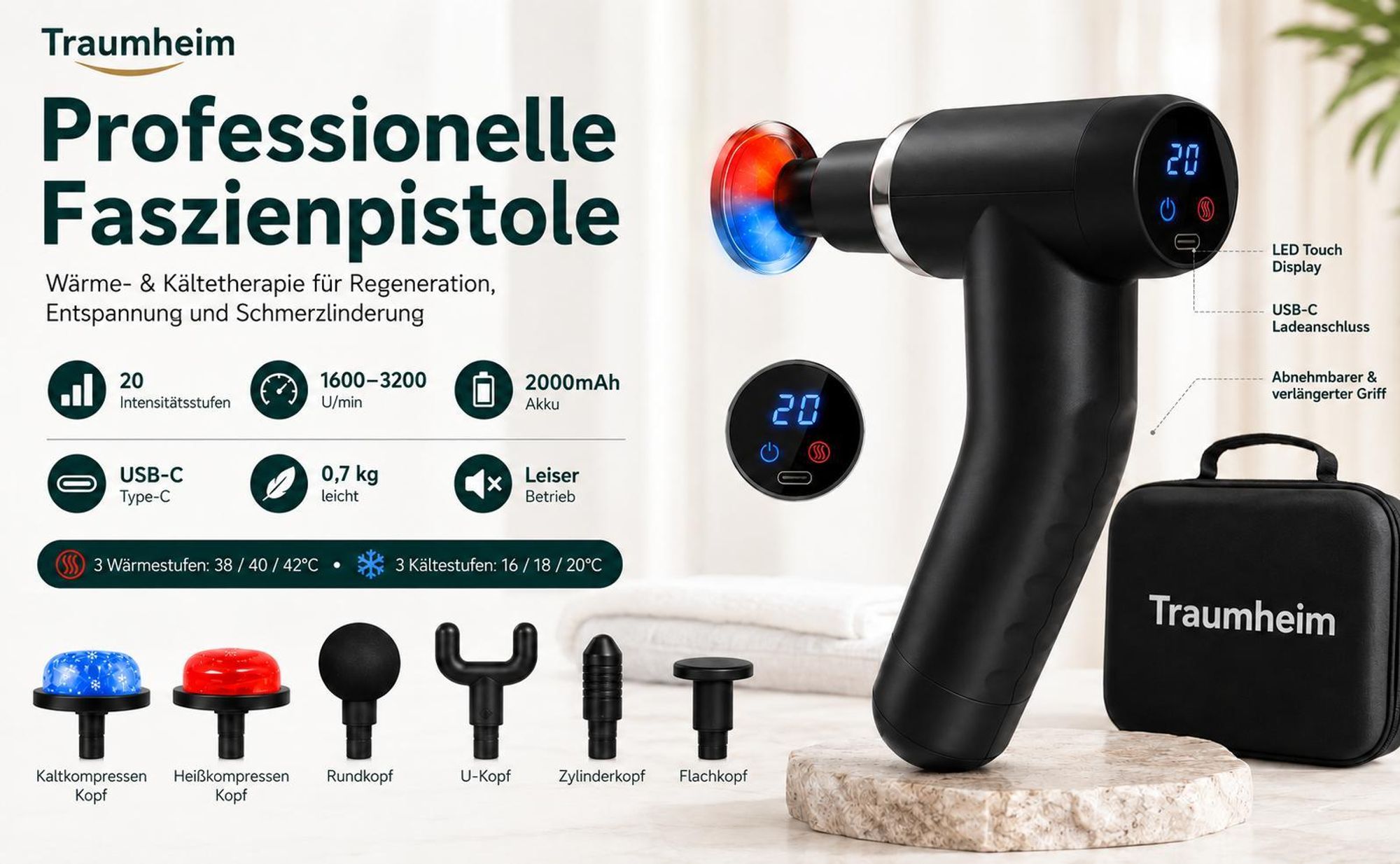 Massagepistole mit Wärme und Kältefunktion, Massage Gun für Tiefengewebe, 20 Stufen,LCD-Touchscreen,7 Massageköpfe für Nacken Rücken Muskelentspannung