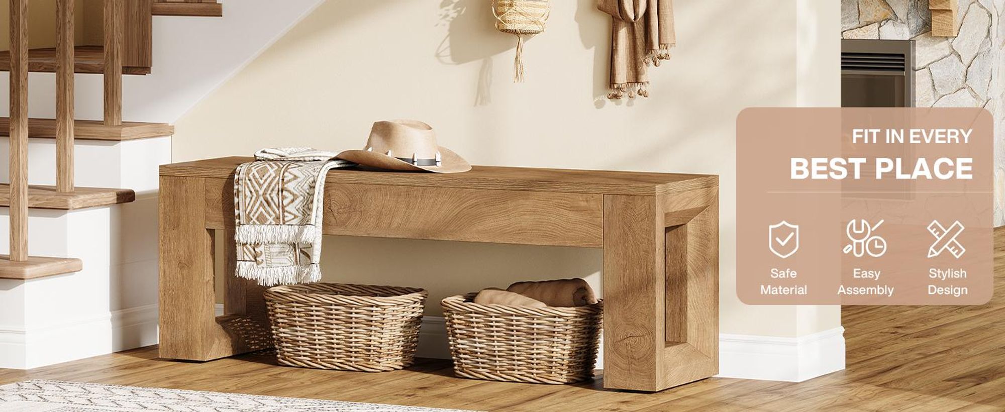120 cm Eingangsbank, Sitzbänke im Landhausstil, Schuhbank für Esszimmer, Wohnzimmer, Eingangsbereich, Flur, Naturholzfarbe