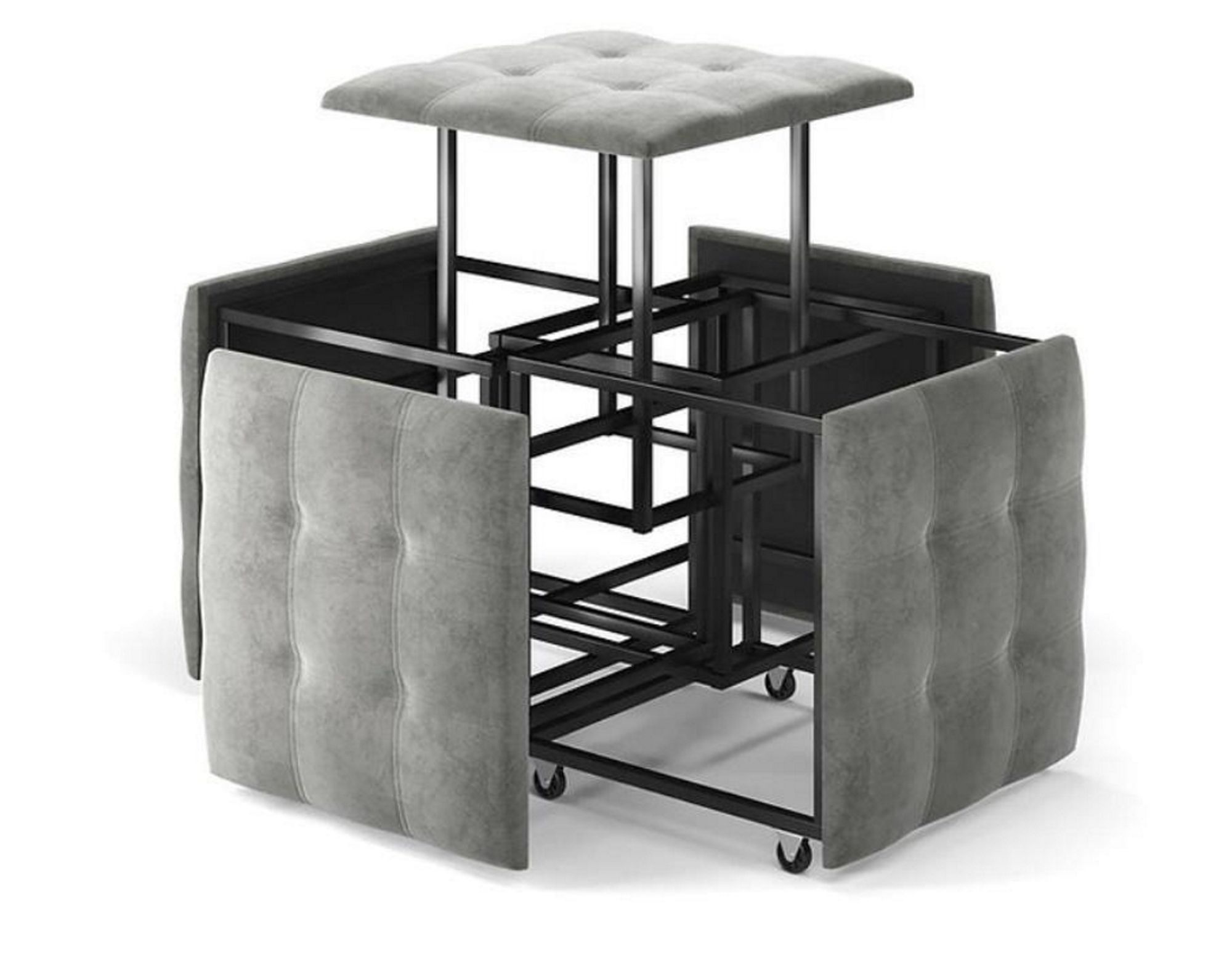 Hocker Set 5-in-1 Sitzhocker-Transformer XL 50 cm Grau Wildleder-Optik Rollbar