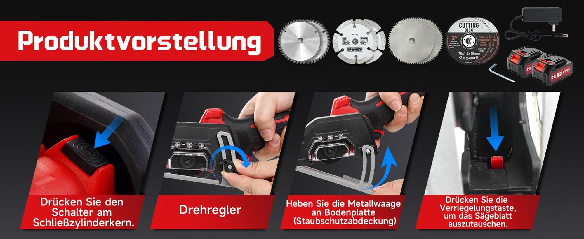 TEENO Akku-Mini-Handkreissäge, Akku Handkreissäge mit LED-Leuchte, 2x 2,0Ah-Akkus, Einstellbarer Schnittwinkel, 20000 U/min, 8 Sägeblätter