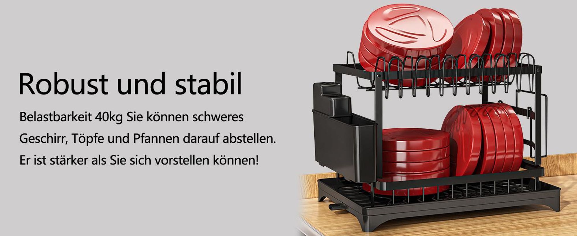 Geschirrabtropfgestell, Geschirrständer, Abtropfgestell geschirr, 2-stufiges Geschirrtrockner, mit Besteckkorb, Schneidebretthalter und Abtropfschale