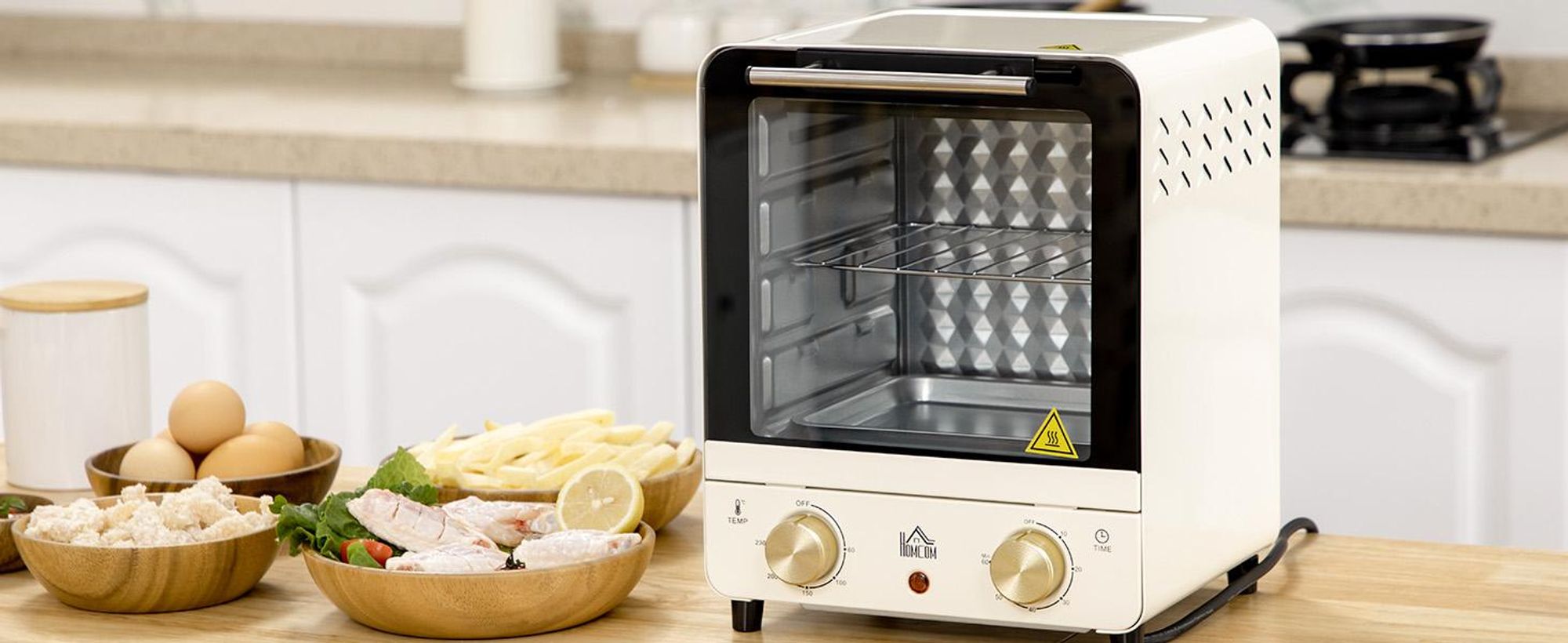 HOMCOM Mini piekarnik 15 l, piekarnik do pizzy 1000 W, elektryczny mini piekarnik, kolor kremowo-biały