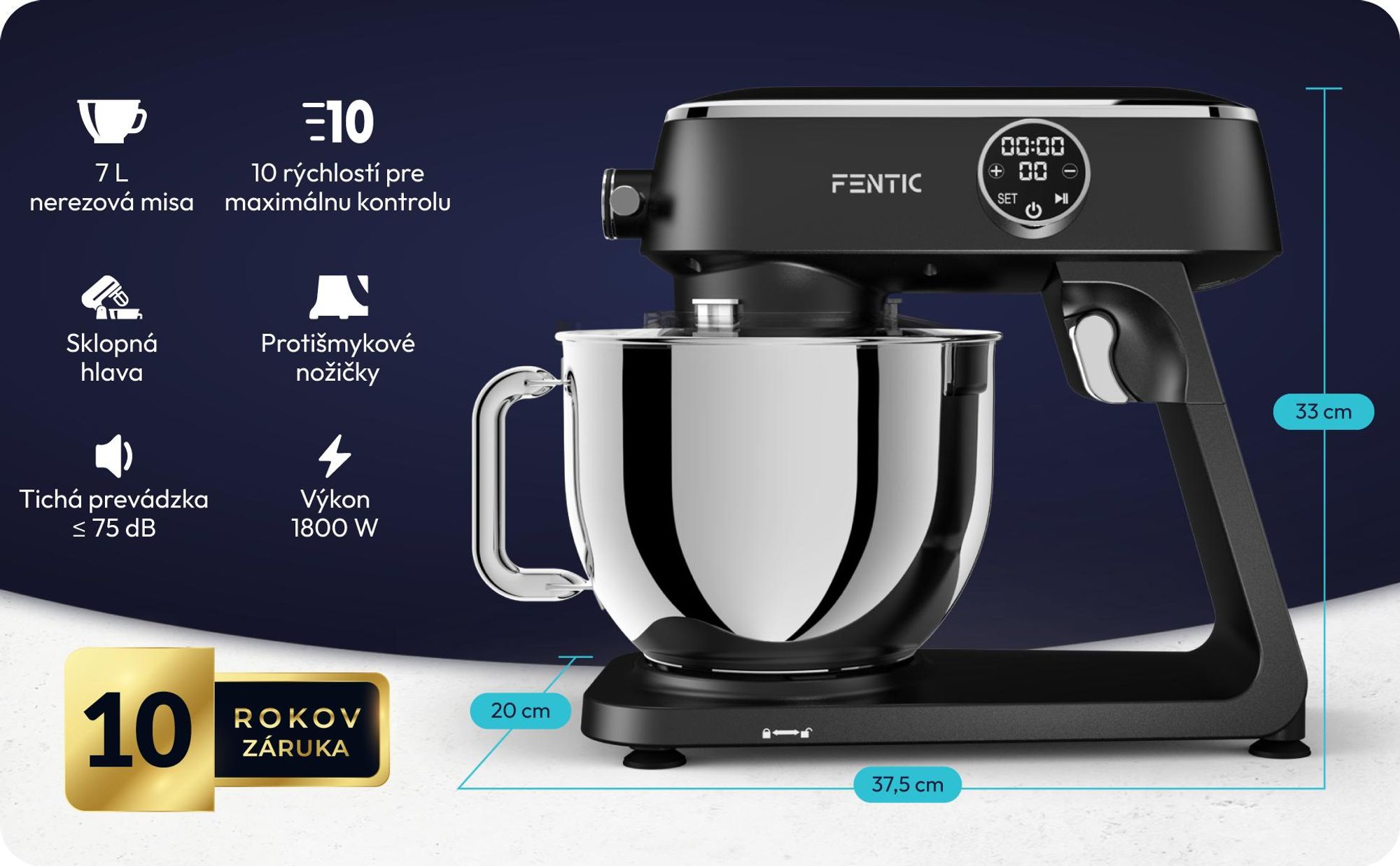 Fentic Kuchynský robot 1800W, 7L nerezová misa, Hnetač na cesto na chlieb a pizzu, Planetárny pohyb, 10 rýchlostí časovač & ochrana proti striekancom