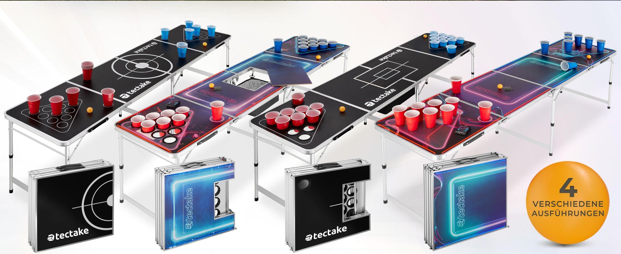 tectake® Aluminium Bierpongtisch BeerWars I mit LED-Beleuchtung inklusive 100 Bechern, 6 Bällen und Kartentrinkspiel