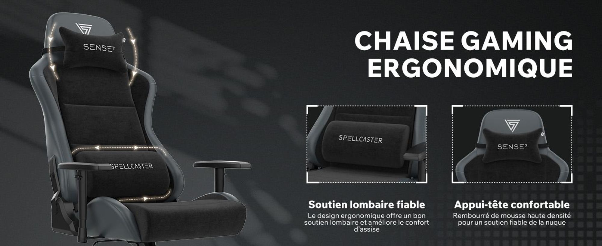 Fauteuil gaming SENSE7 Spellcaster FUKU XL en Alcantara noir - Fauteuil de bureau ergonomique pour personnes de grande taille, supportant jusqu'à 160 kg, rembourrage en mousse à froid, assise large