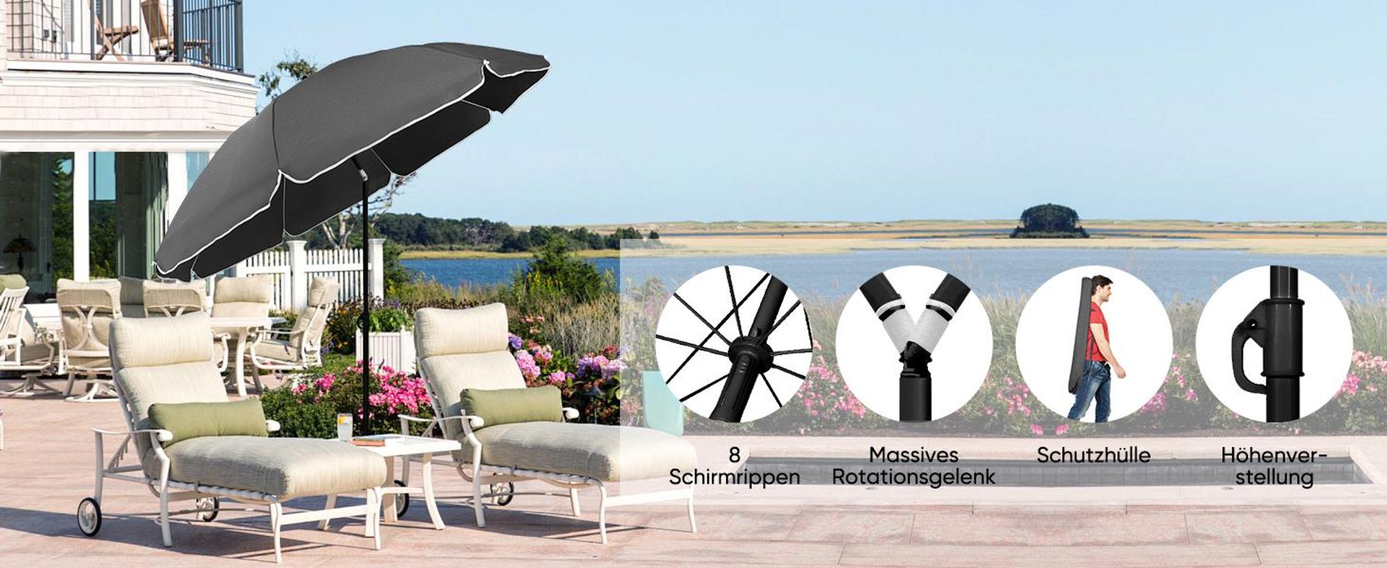 Sekey Sonnenschirm Rund Ø 160 cm Terrassen Gartenschirm Strandschirm mit kurbel & Schutzhülle Neigungswinkel und Höhe verstellbar, Dunkelgrau
