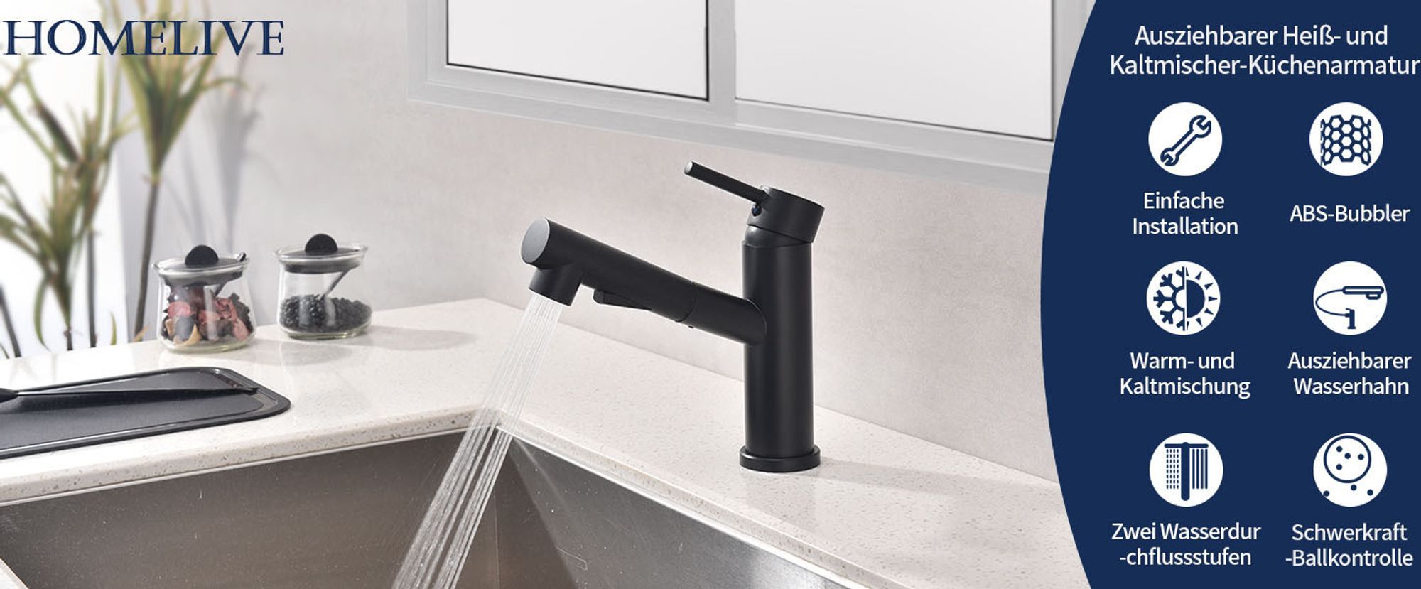 Wasserhahn Küche HOMELIVE 360°Schwenkbar Armatur Küche mit Brause Zwei Wasserstrahlarten Mischbatterie Küche Schwarz Spülarmaturen Küche Einhebel