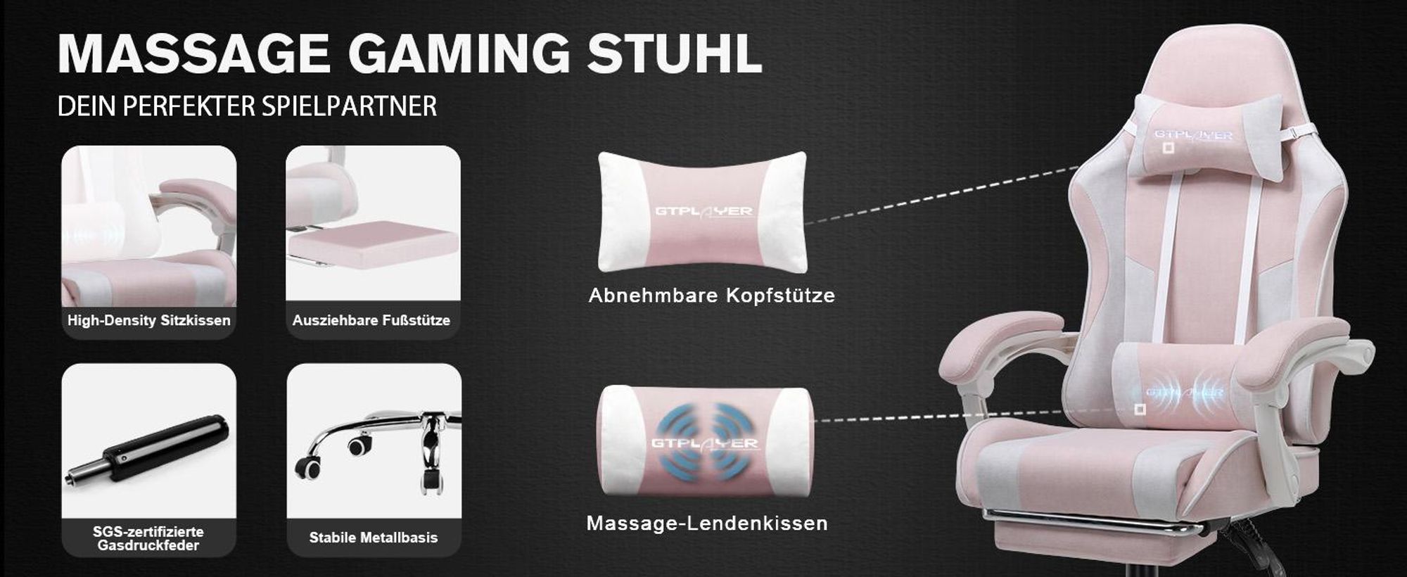 Gaming stoel GTPLAYER, kantoorkruk, ergonomische computerstoel, gaming stoel met lendensteunmassage, voetsteun en hoofdsteun