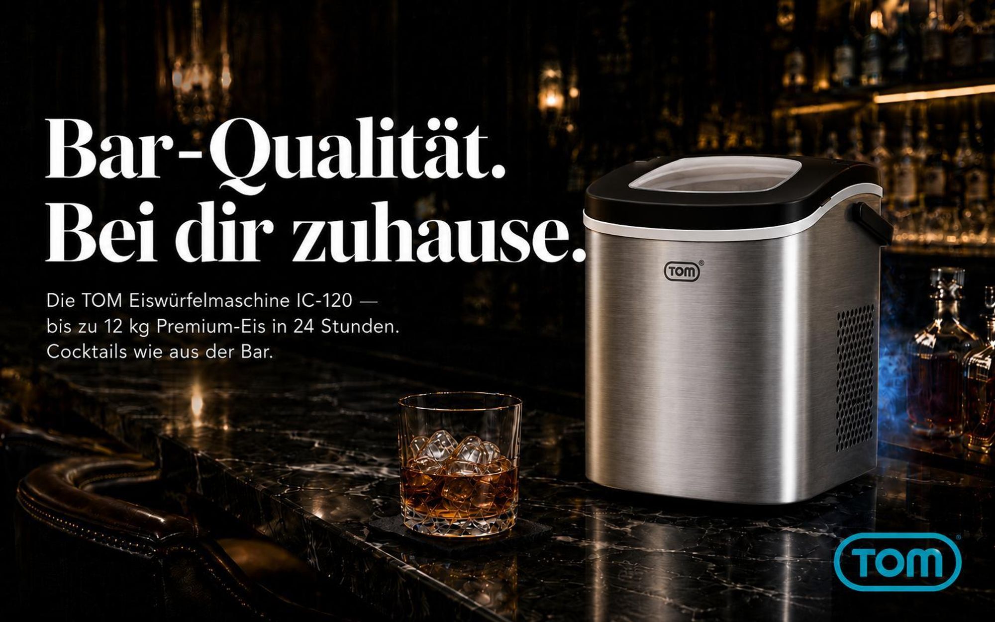 Eiswürfelmaschine Eiswürfelbereiter Edelstahl 1,3 Liter mit Eiszange TOM | 12kg / 24h | 2 Größen | LED-Display | Herausnehmbarer Eiswürfelkorb
