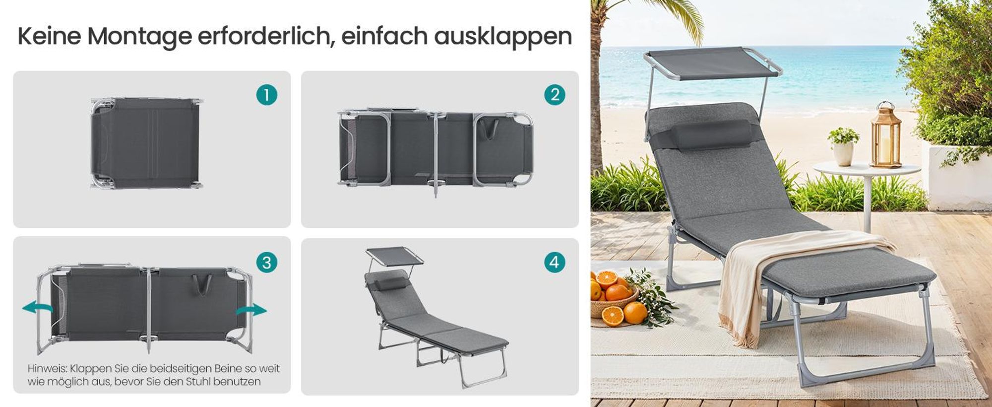 SONGMICS Gartenliege, 3 cm dick Auflage, Rückenlehne verstellbar dunkelgrau