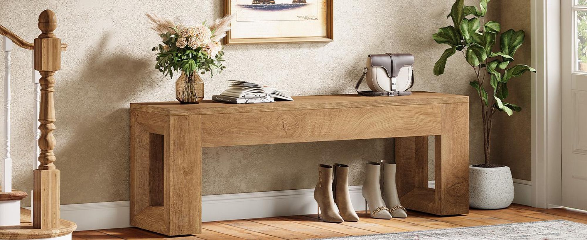 120 cm brede bank voor de ingang, zitbanken in landelijke stijl, schoenenbank voor eetkamer, woonkamer, entree, hal, natuurlijke houtkleur