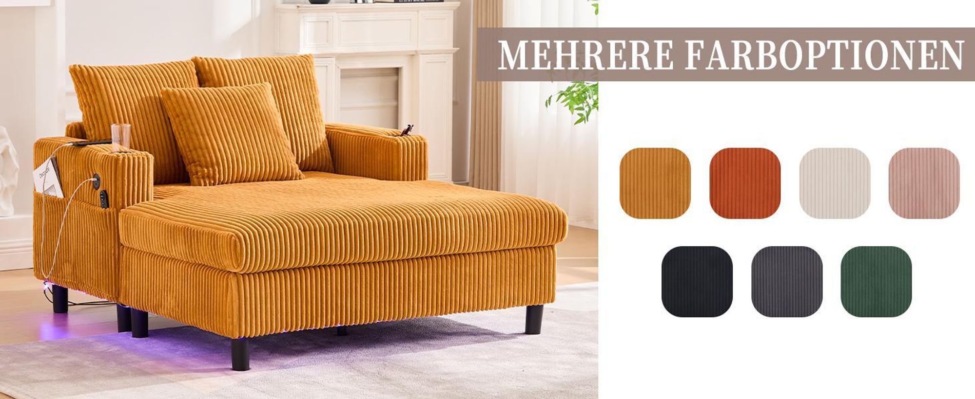 LVHOM Schlafsofa mit LED & USB, Cordstoff Palmensessel, Loungesofa mit Seitentaschen & Getränkehalter, 350kg Tragkraft, 128x85x142 cm, Gelb