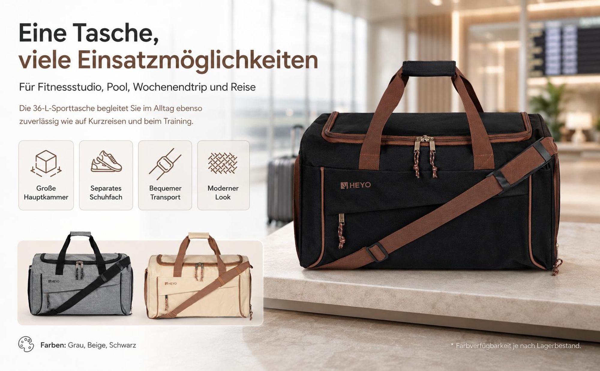 HEYO Sporttasche Unisex Reisetasche Schuhfach 36L 50x26x28cm Beige