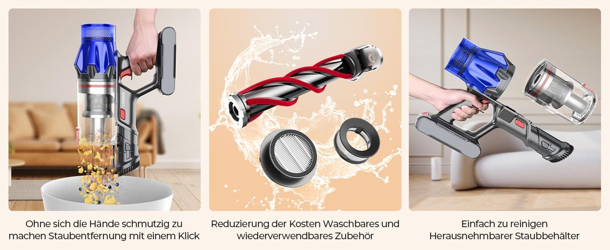 Laresar V7S Akku-Staubsauger – 90 Min. Laufzeit, 75 kPa, 650 W, abnehmbarer Akku, Duftfunktion, hocheffiziente Filtration