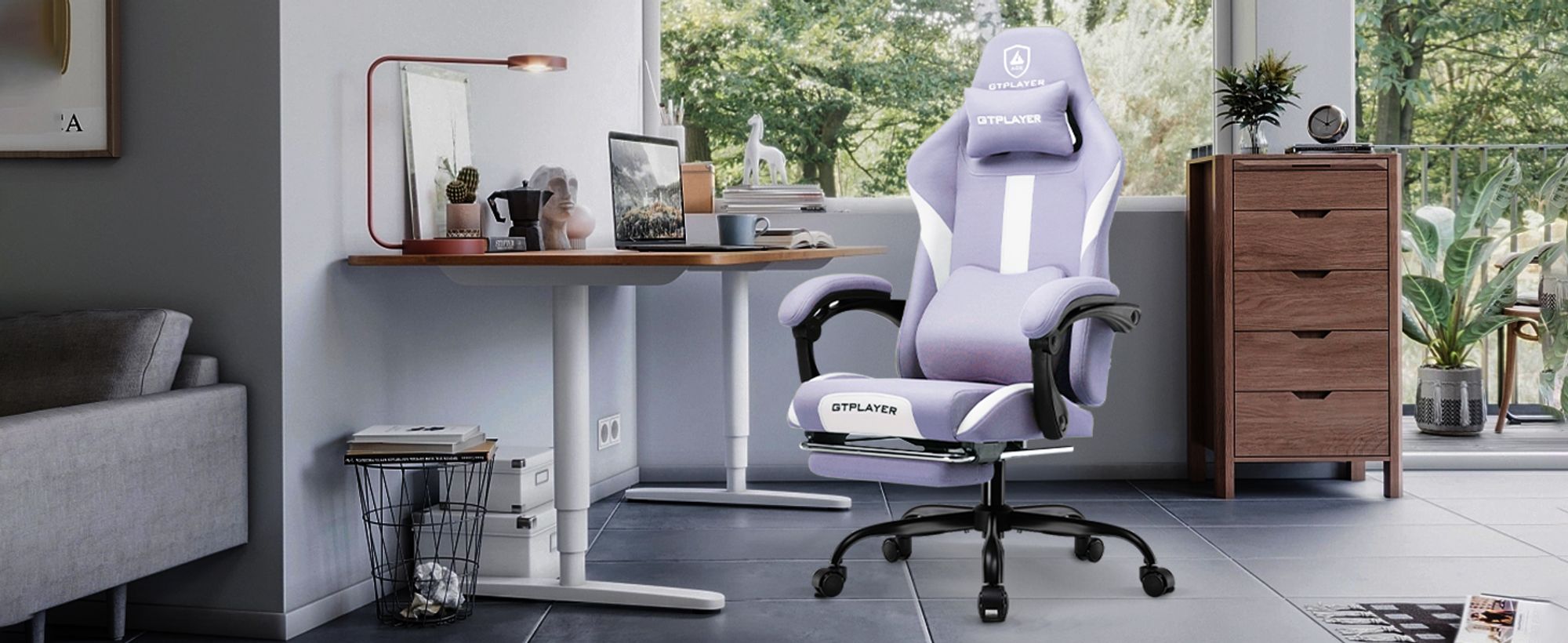 GTPLAYER Gaming Stuhl Ergonomischer Gaming Sessel Schreibtischstuhl mit Stoffoberfläche Atmungsaktiver Bürostuhl Federsitzkissen mit Fußstütze lila