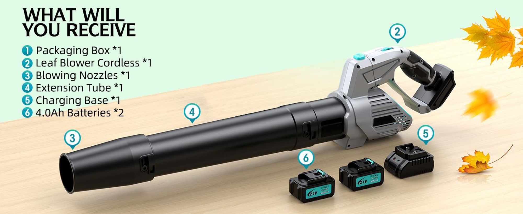 Akku Laubbläser, Gebläse, 5 Stufen Laubsauger, Bläser Sauger mit 2 x 4000mAh Akkus und Ladegerät für Blasen Sauge Voor Weggarage Veranda Patio