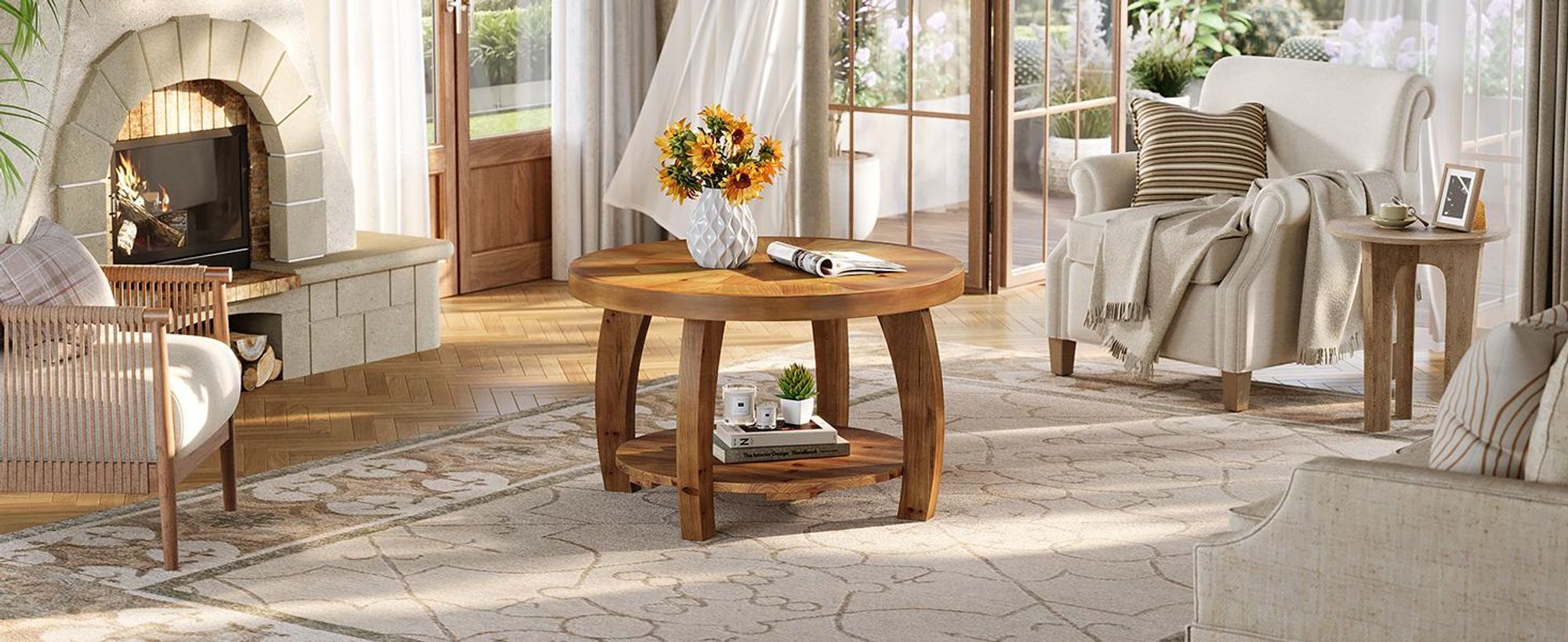 Runder Couchtisch aus Massivholz, 2-stöckiger Beistelltisch mit Ablagefläche, 80 cm große Holzplatte mit Mosaikmuster, für das Wohnzimmer