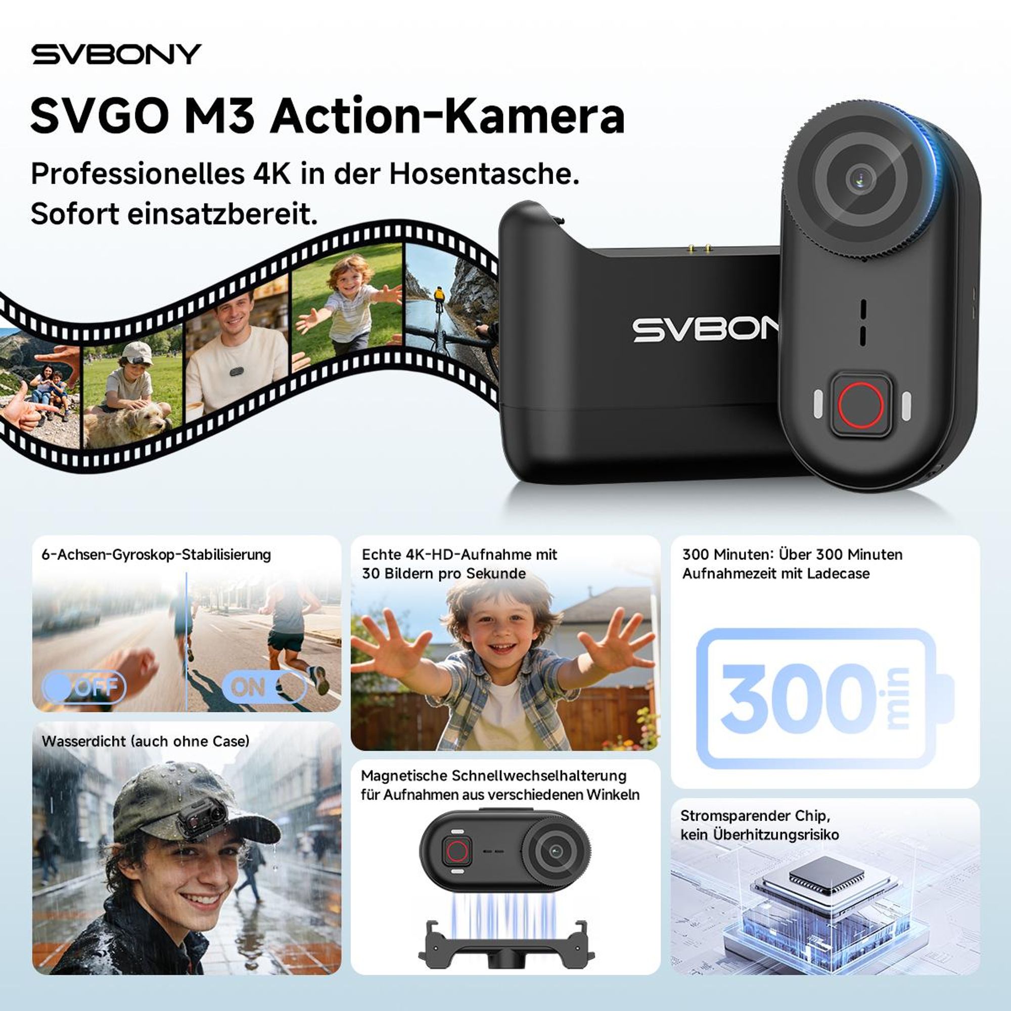 SVBONY SVGo M3 POV Action Kamera, 4K/30fps, 64GB Speicher, 43g Ultraleichte, Mini Bodycam, IP68 Wasserdicht bis 10m, 300 Min Akkulaufzeit, WLAN App