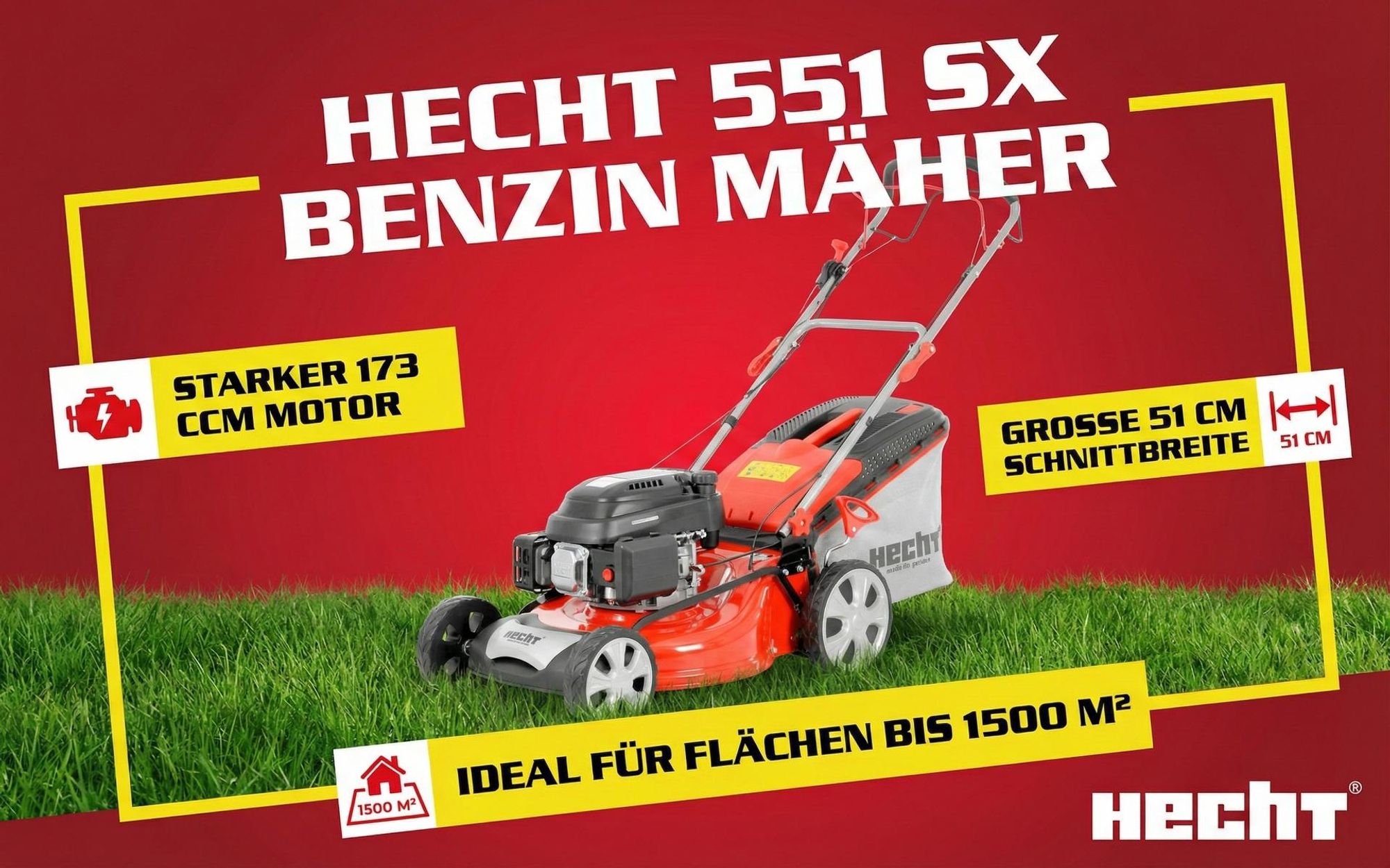 HECHT Rasenmäher Benzin mit Antrieb 551 SX | 51 cm Schnittbreite | 5in1 | 5,5 PS | Mulchkit | 65 L Fangkorb