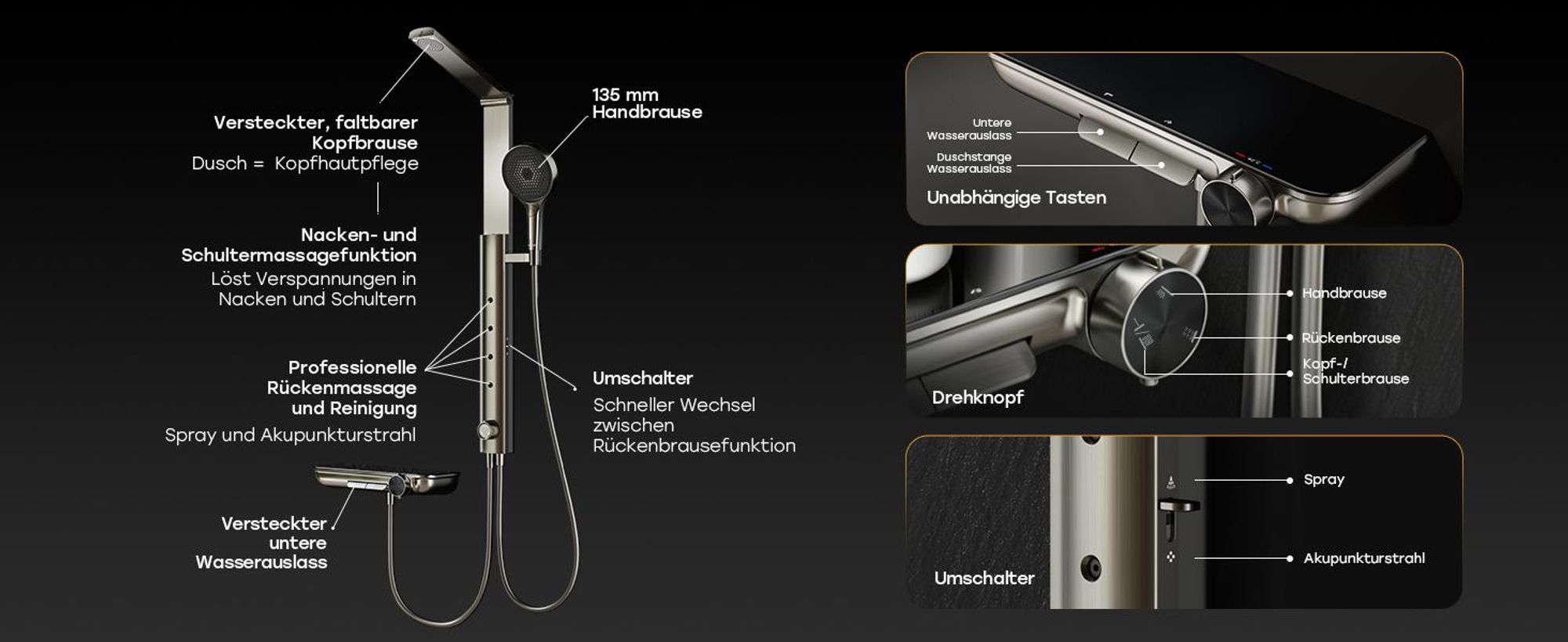 HOROW RainFlexi S2 Duschpaneel mit Thermostat, Grau Regendusche mit Klappbaren Kopfbrause, Höhenverstellbares Duschsystem