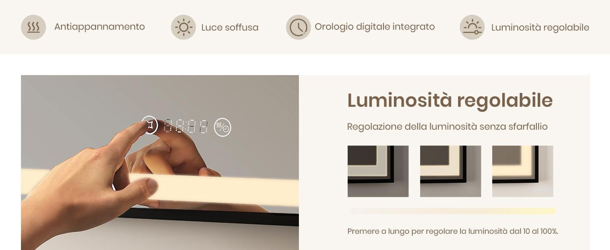 EMKE specchio da bagno Specchio LED 80x60cm specchio da bagno illuminato con cornice nera interruttore a sfioramento, antiappannamento e funzione orologio