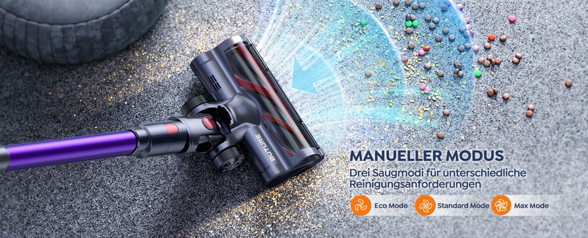 BuTure Akku Staubsauger, 450W 38KPa Staubsauger Kabellos mit Automodus, Leiser Akkusauger Bis zu 55 Min.